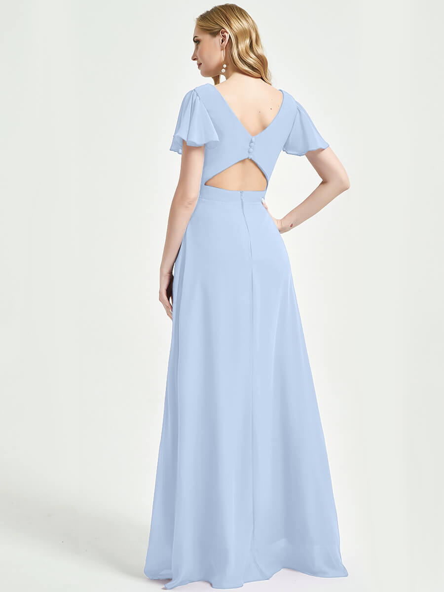 Cornflower Blue Ruffle Sleeve Backless Chiffon Empire Bridesmaid Dress - Elegant Formal Gown for Weddings, Prom & Special Occasions