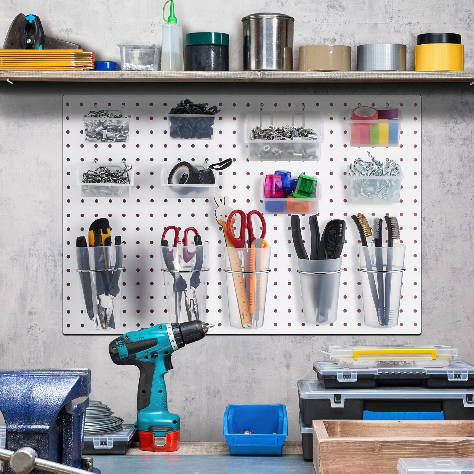 Roowest 60 Pcs Clear Pegboard Organizer Set with Hooks & Bins - Wall Mount Storage Solution for Office, Garage, Craft Room & Workshop Accessories Organization