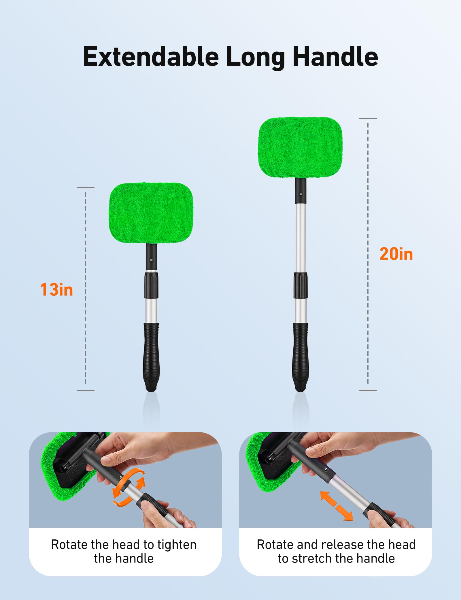 AstroAI Windshield Cleaner Kit - 4 Reusable Washable Microfiber Pads with Extendable Handle for Car Windows Cleaning - Perfect for Auto Glass, Mirrors, and Home Windows - Green