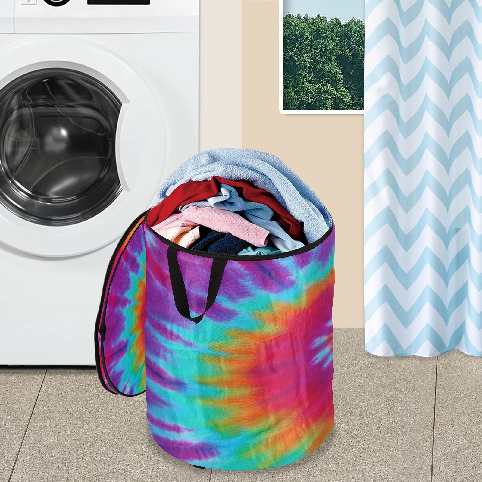Pop Up Laundry Hamper - Ethnic Swirl Tie Dye Round Collapsible Clothes Basket with Zipper Lid | Portable Storage Bin for Toys, Clothes & Organizing | Perfect for Dorms, Travel & Home Use
