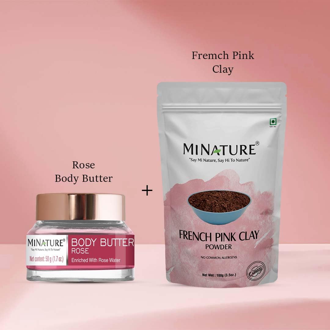 Miniature Rose Body Butter (50g) & French Pink Clay Powder (227g) | DIY Face Mask & Body Butter Kit | Natural Skincare Combo for Daily Care | Chemical-Free, Non-Sticky Formula | Perfect for Spa Nights & At-Home Self-Care Routines