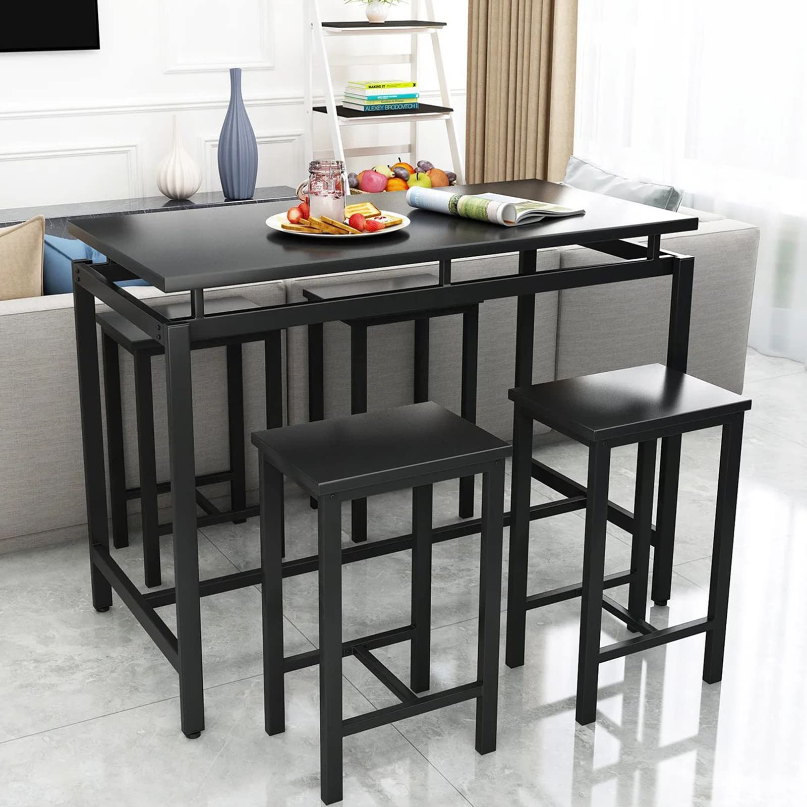 Modern 5-Piece Industrial Bar Table Set with 4 Chairs - Kitchen Dining Table for Small Spaces, Breakfast Nook & Pub Style - Perfect for Apartments, Condos & Cozy Homes
