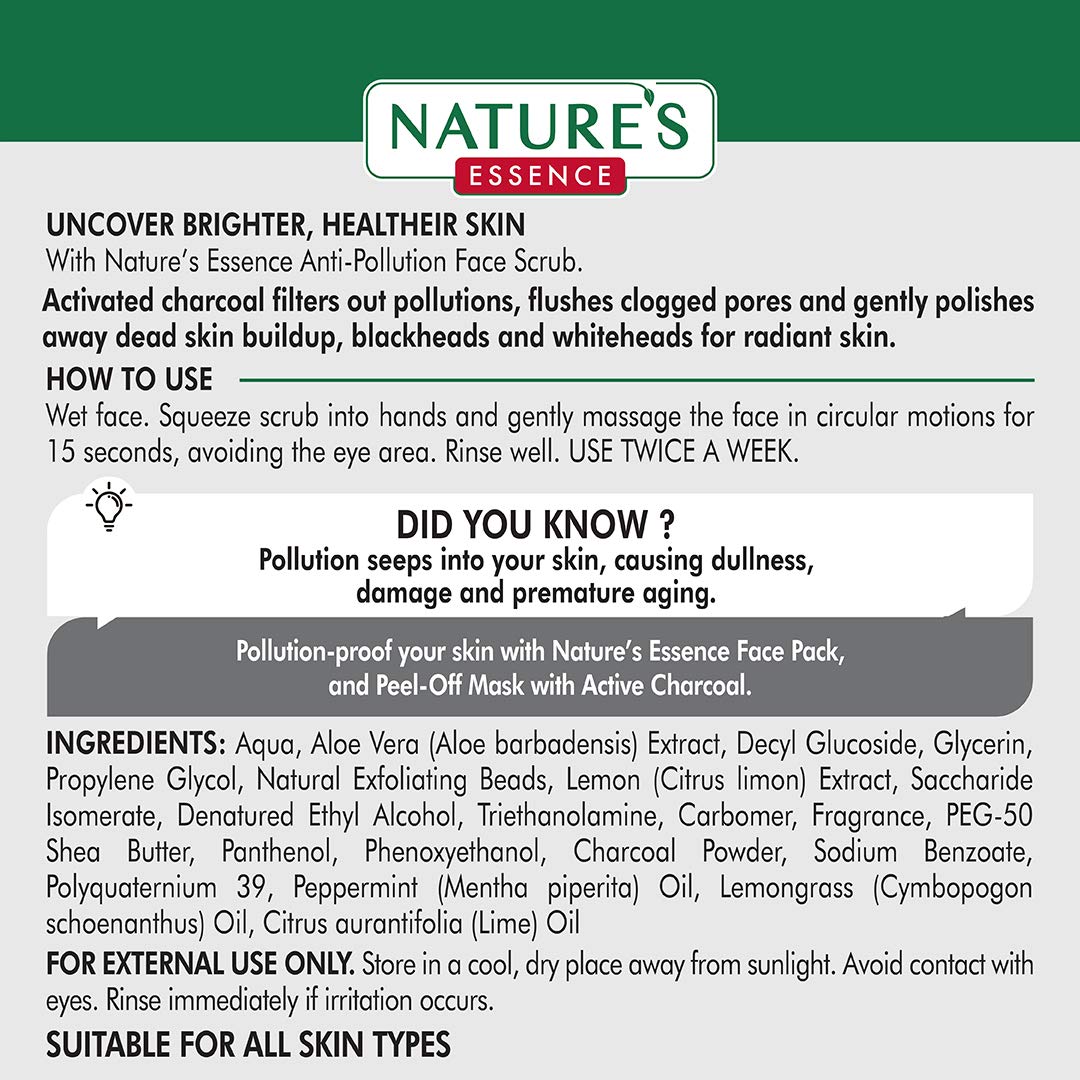 Nature's Essence Anti-Pollution Charcoal Face Scrub 50g - Deep Cleansing & Detoxifying Facial Exfoliator for Blackheads & Acne - Perfect for Daily Skincare Routine & Post-Workout Refresh