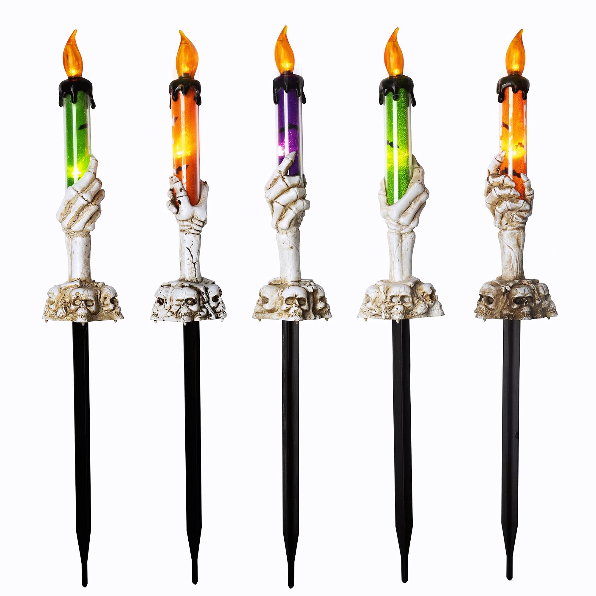 WaterGlide Halloween Candle Light Stakes - 5 Pack Skeleton Hand Pathway Markers with LED Candles | Waterproof Battery-Operated Outdoor Decor with Timer | Perfect for Halloween Yard, Garden, Party & Holiday Decorations