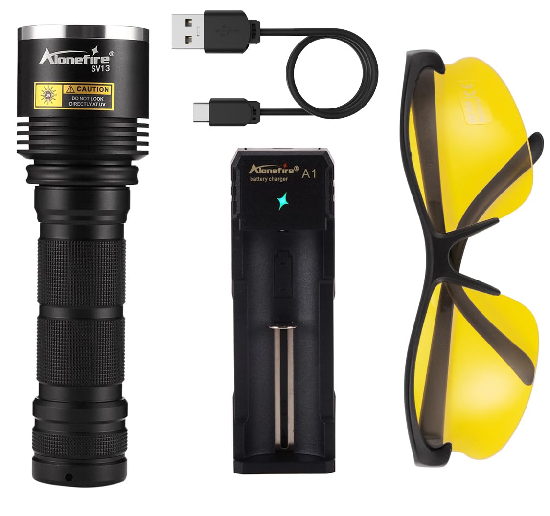 Alonefire SV13 15W 365nm UV Flashlight - USB Rechargeable Ultraviolet Blacklight for Pet Urine Detection, Resin Curing, Fishing, Scorpion Hunting & Mineral Identification | Includes UV Protective Glasses, Charger & Battery | Perfect for Home Inspection, Outdoor Adventures & DIY Projects