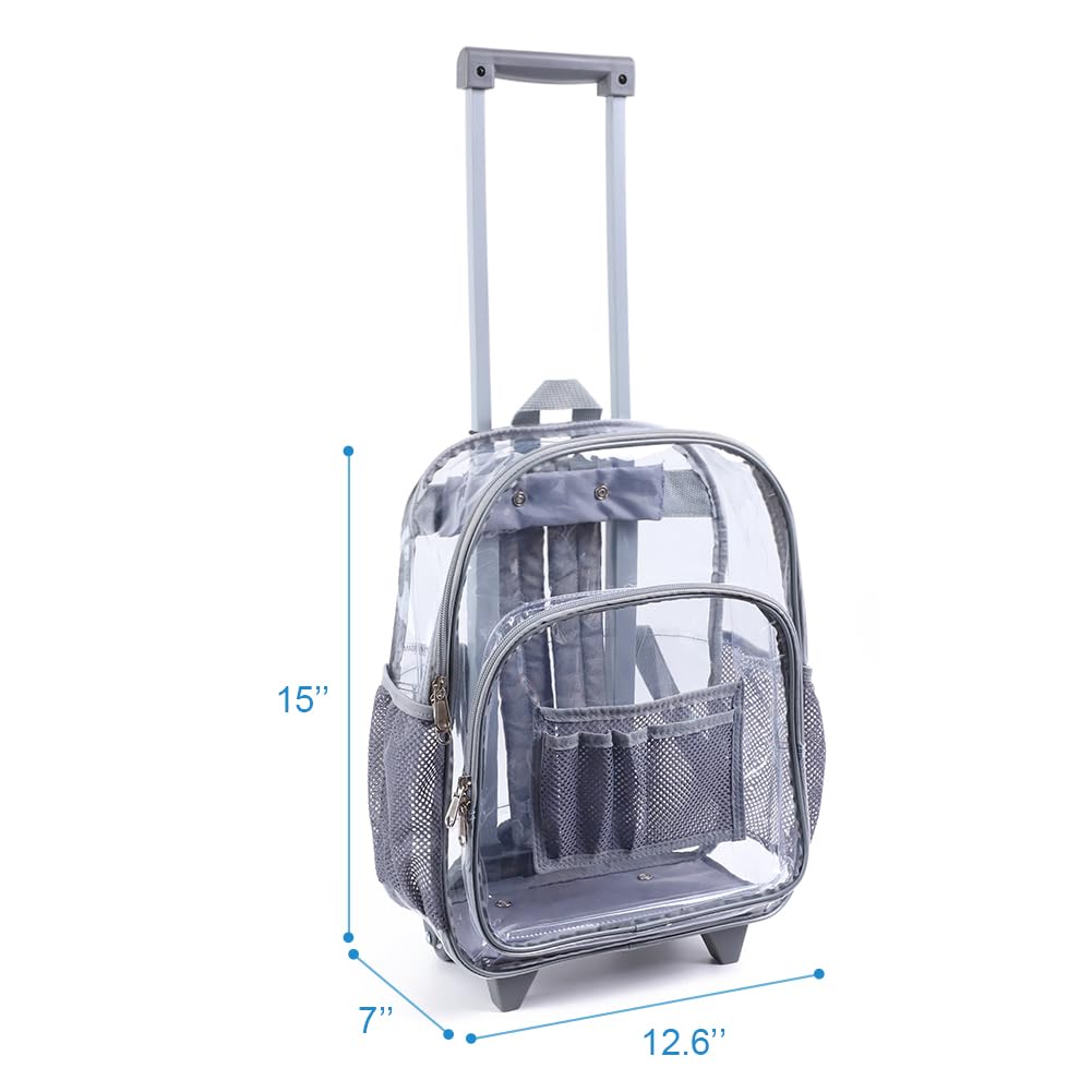 Durable Rolling Clear Backpack - Heavy Duty Cold-Resistant Transparent PVC Wheeled Backpack for School, Travel & Security Checks (Grey)