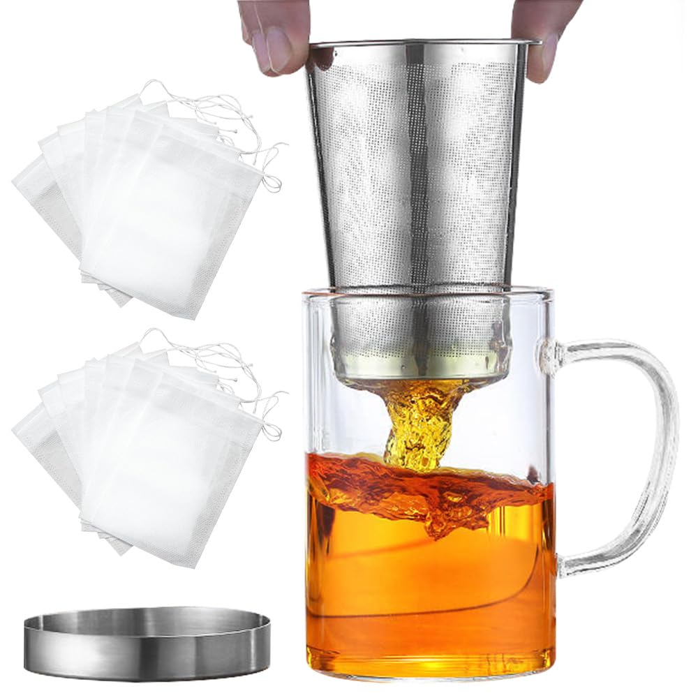 ADERTOS Glass and Stainless Steel Tea Infuser Mug with Lid - 100 Tea Filter Bags Included - Modern Tea Cup for Office, Home, and Relaxation - Perfect for Hot Tea, Iced Tea, and Herbal Infusions