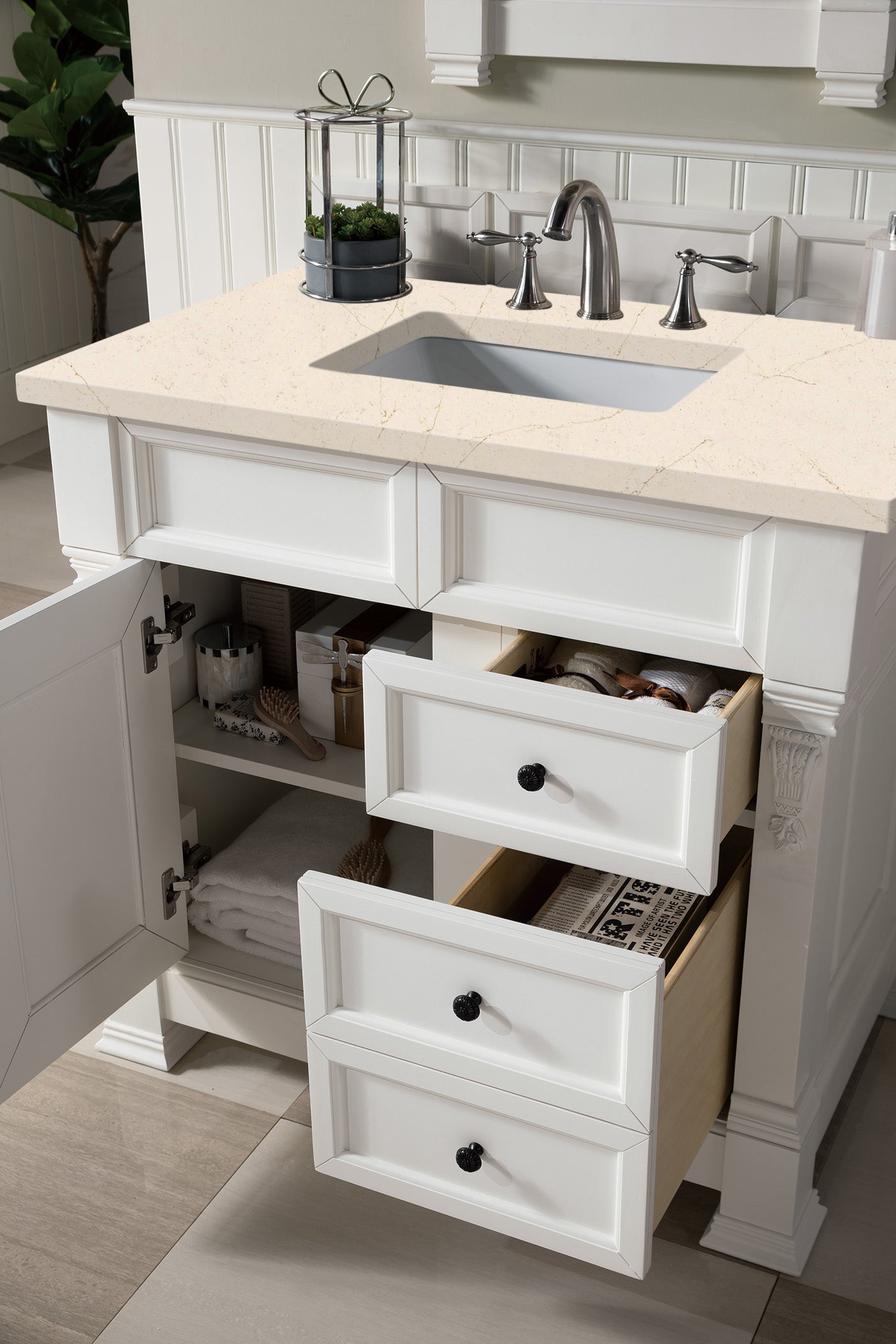 Brookfield 36 Inch Single Bathroom Vanity Set with Bright White Finish & 3CM Eternal Marfil Quartz Countertop - Perfect for Modern Master Bathrooms, Guest Baths & Small Space Remodels