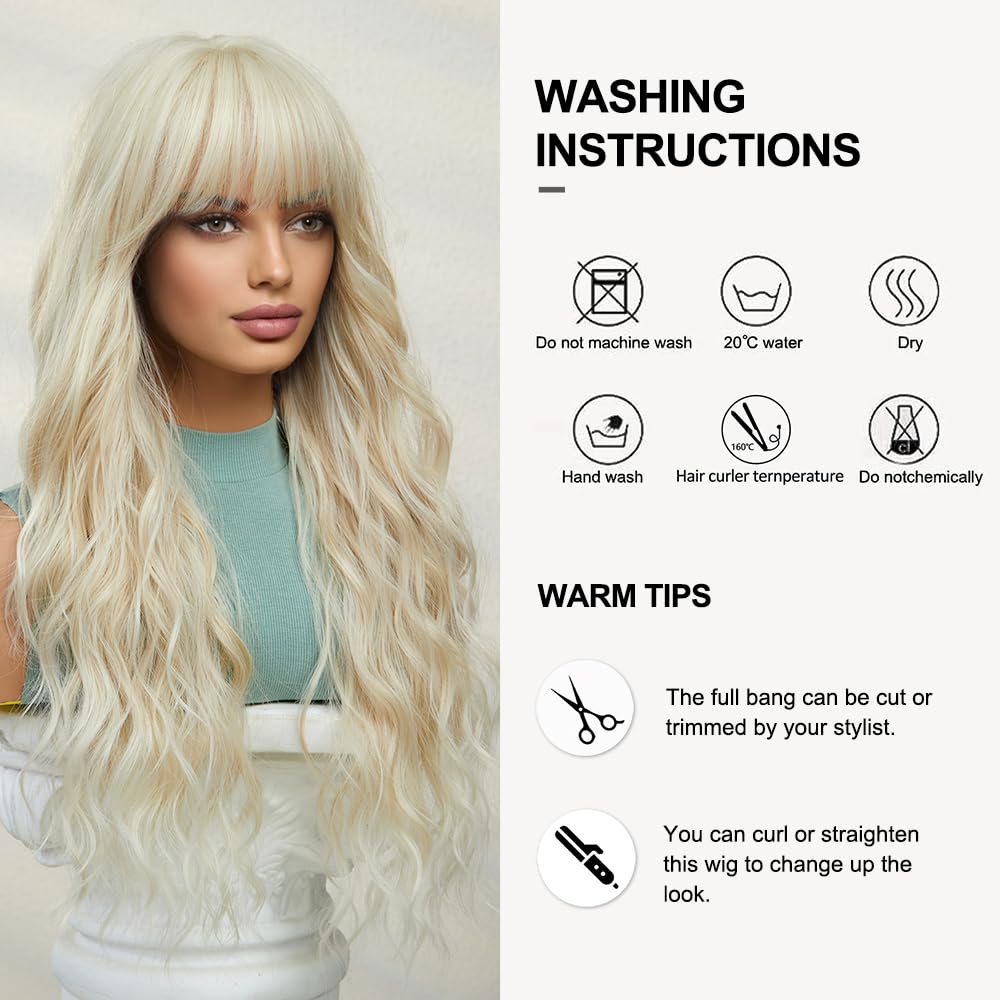 Heat Resistant Synthetic Wavy Platinum Blonde Wig with Bangs - Perfect for Cosplay, Halloween, and Daily Fashion Styling
