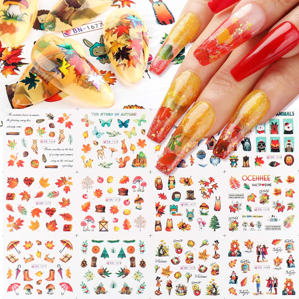 12 Sheets Fall Nail Art Stickers - Thanksgiving Nail Decals with Maple Leaves Design, Water Transfer Autumn Nail Supplies for Women & Girls | Perfect for Thanksgiving Parties, Halloween Manicure, and Seasonal Nail Decorations