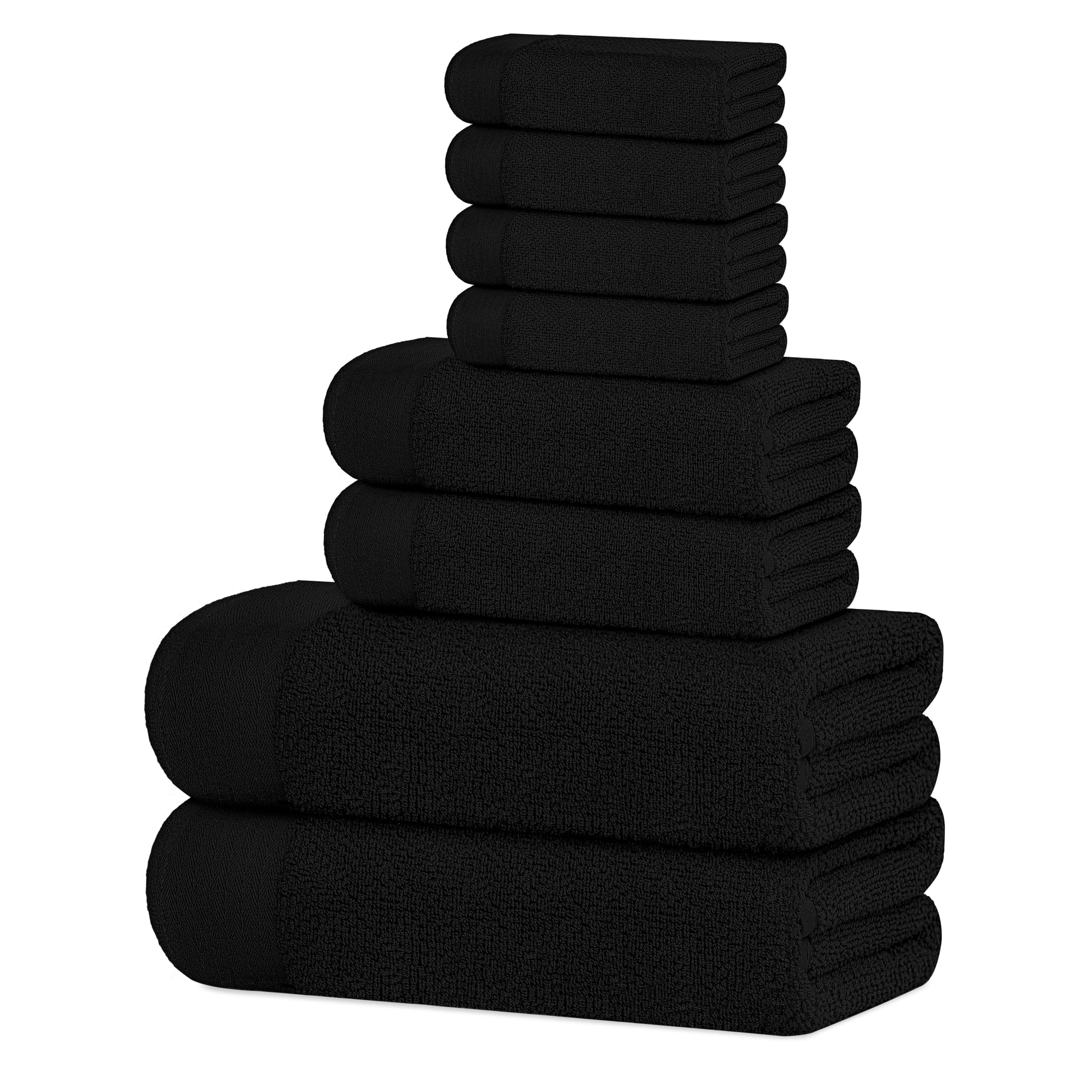 Premium 8-Piece Popcorn Textured Luxury Towel Set - 2 Extra Large Bath Towels, 2 Hand Towels, 4 Washcloths | 100% Cotton Plush Hotel Quality Super Absorbent | Perfect for Bathroom, Spa & Guest Use (Black)