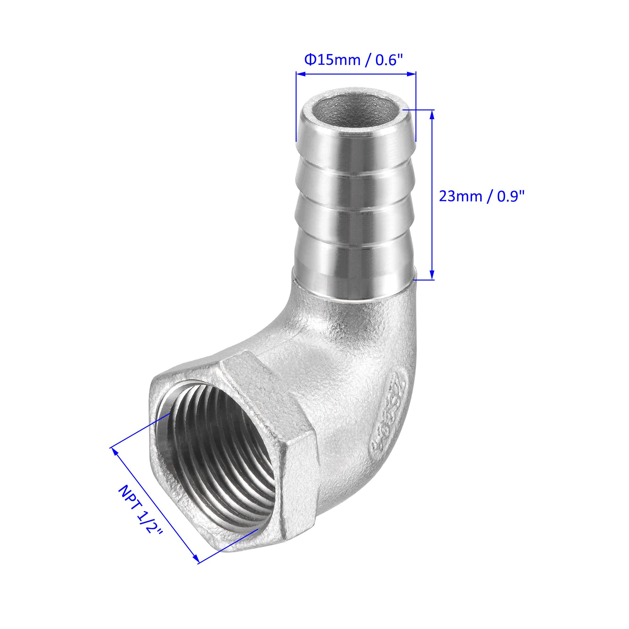 M METERXITY 90 Degree Elbow Stainless Steel Hose Barb Fitting - 15mm Pipe Connector for Water & Fuel (1/2
