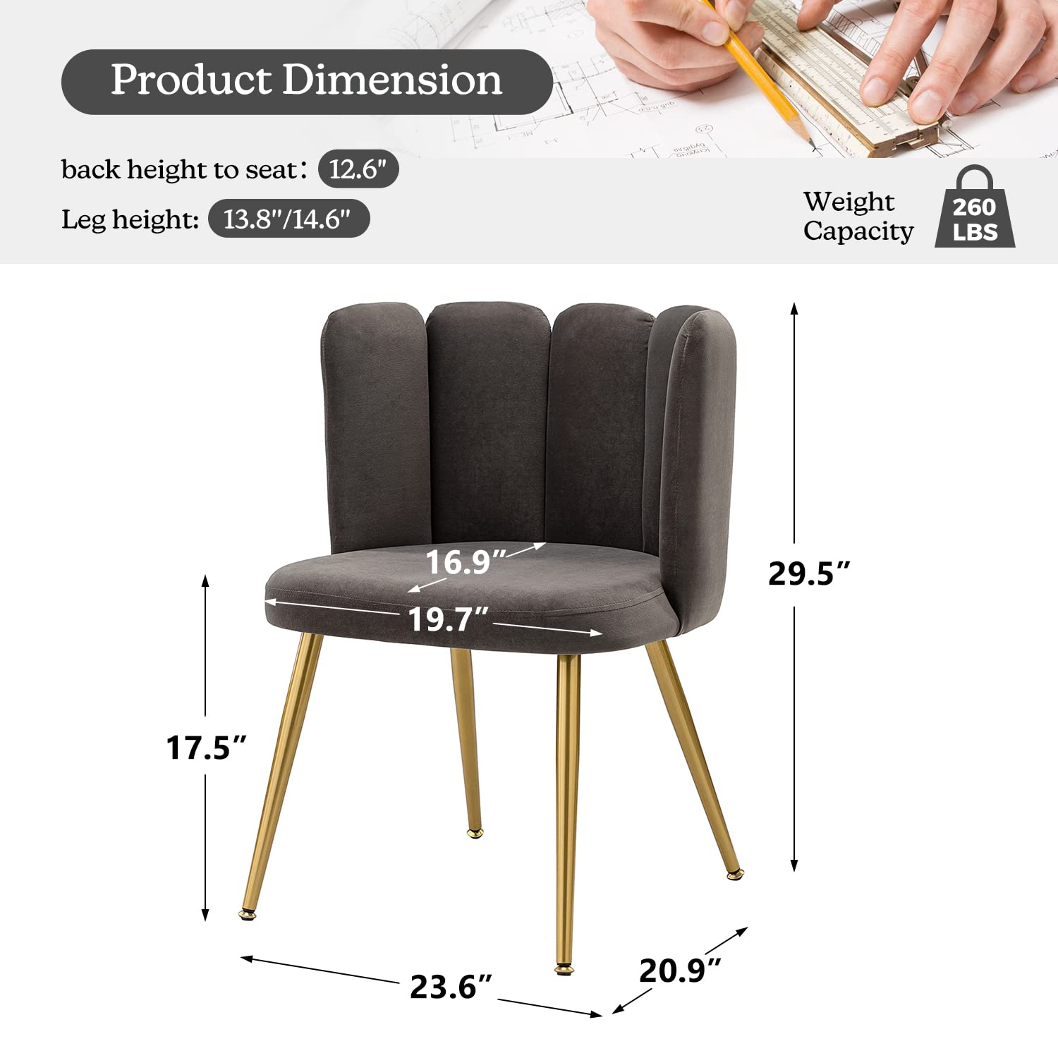 HULALA HOME Velvet Accent Chairs Set of 2 - Modern Upholstered Vanity Chair with Shell Back & Gold Metal Legs for Makeup Room, Living Room, Dining Room - Soft Grey Velvet Lounge Chairs for Bedroom, Office, Dressing Area
