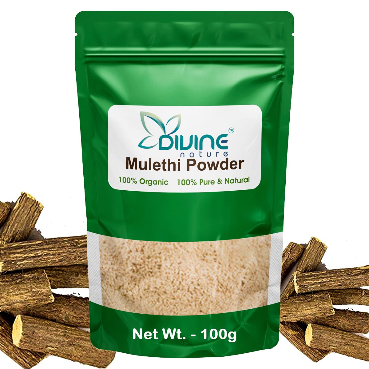 Divine Nature Pure Natural Mulethi Powder (Licorice Root Powder) - 100g | For Skin Whitening, Face Glow, Hair Growth & Body Care | Ayurvedic Yashimadhu Powder for Brightening, Acne Treatment & Healthy Scalp | Perfect for DIY Beauty Masks, Herbal Remedies & Holistic Wellness