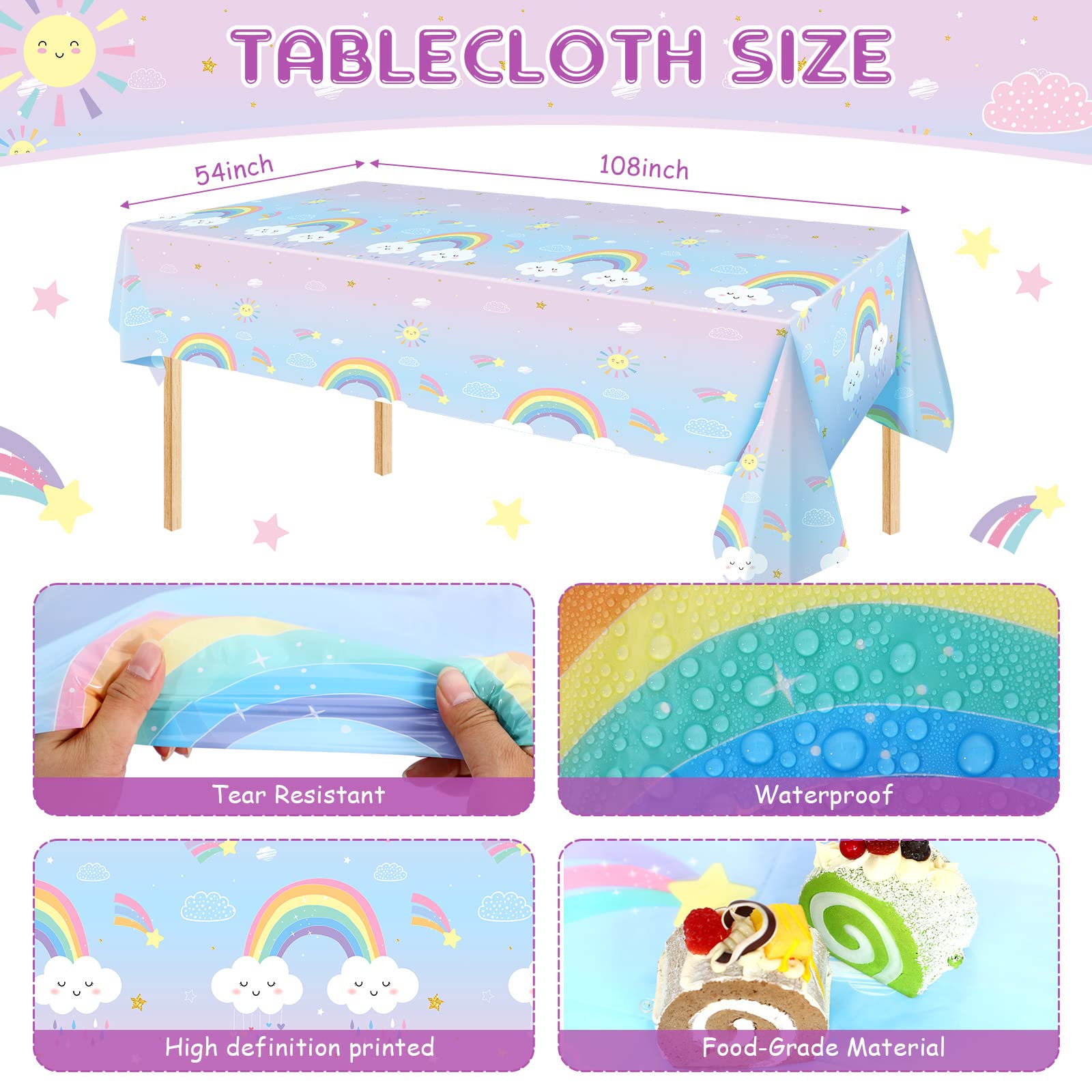 212-Piece Pastel Rainbow Birthday Party Supplies Set - Includes Paper Plates, Tablecloth, Cups, Napkins, Cutlery & Banner for 30 Guests - Perfect for Rainbow Themed Parties, Baby Showers & Celebrations (Cute Style)