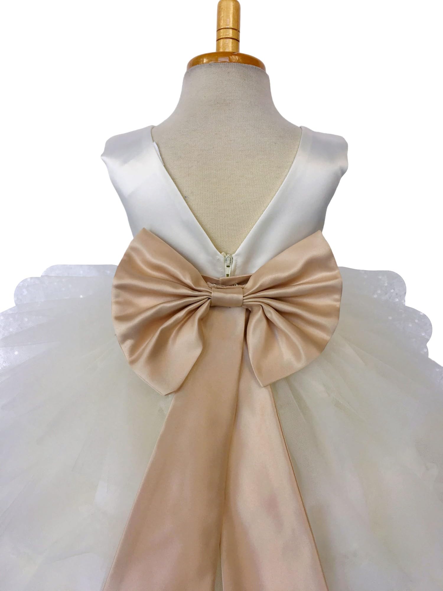 Ivory Sleeveless High-Low Tulle Flower Girl Dress with Ruffle Details - Perfect for Weddings, Birthday Parties & Special Occasions (Size 14, Champagne Accessories Included)