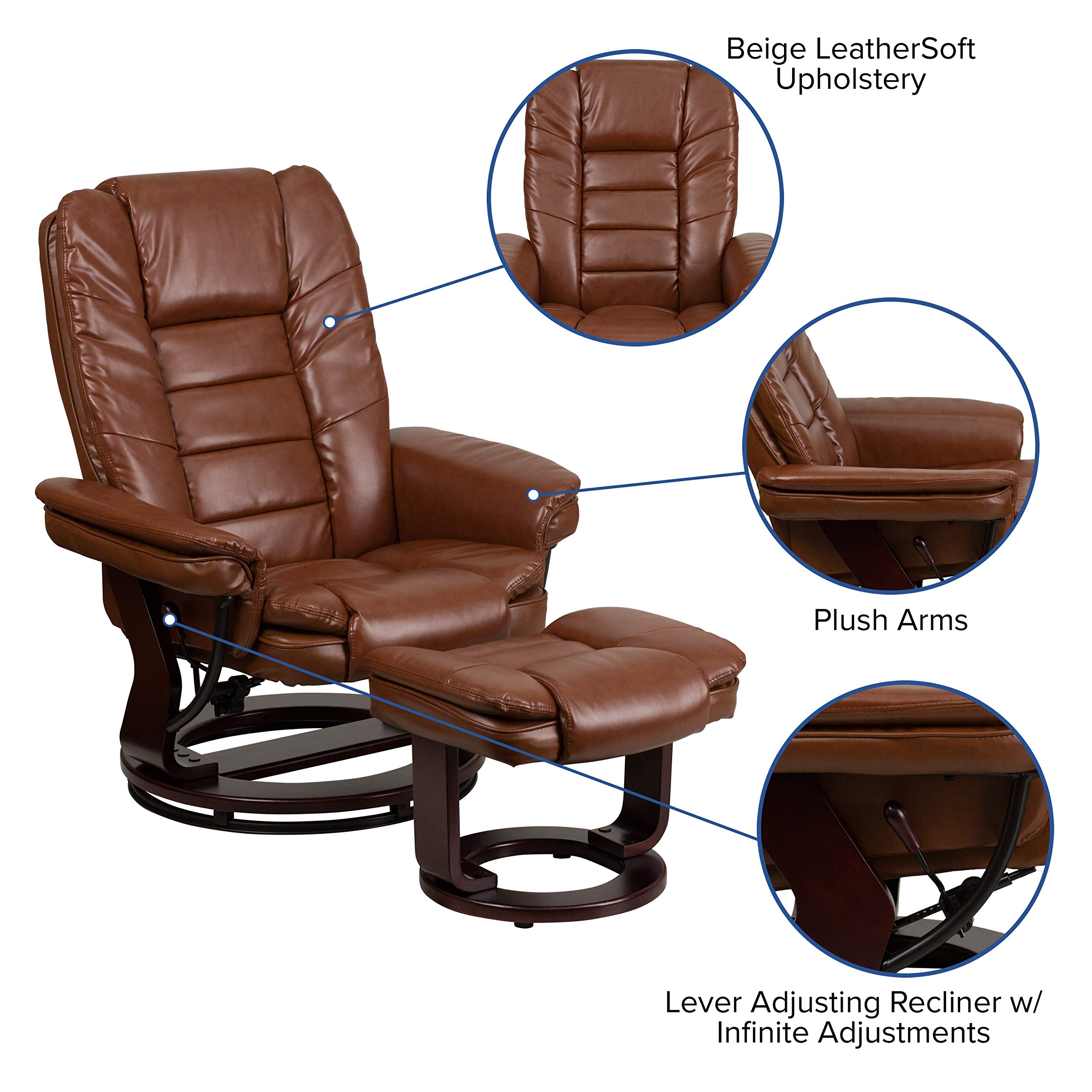 Emma & Oliver Multi-Position Recliner Chair with Ottoman - 360° Swivel Base, Vintage LeatherSoft Upholstery, Ergonomic Design for Living Room, Home Theater & Office Comfort