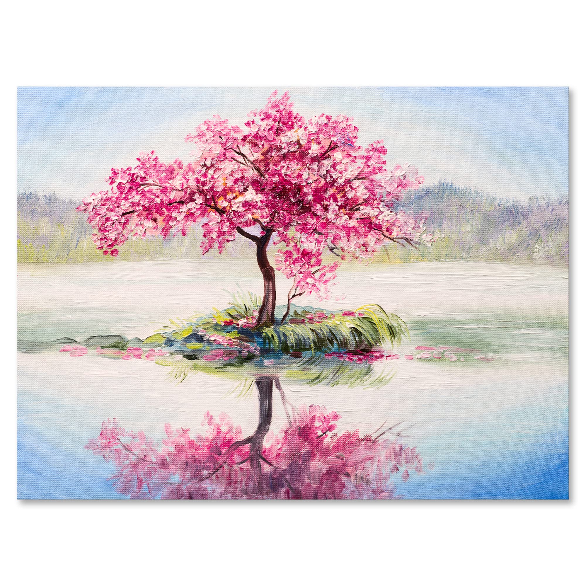 DesignQ Oriental Cherry Tree Sakura On The Lake Canvas Wall Art - Japanese Inspired Nature Landscape Painting for Living Room, Bedroom & Office Decor