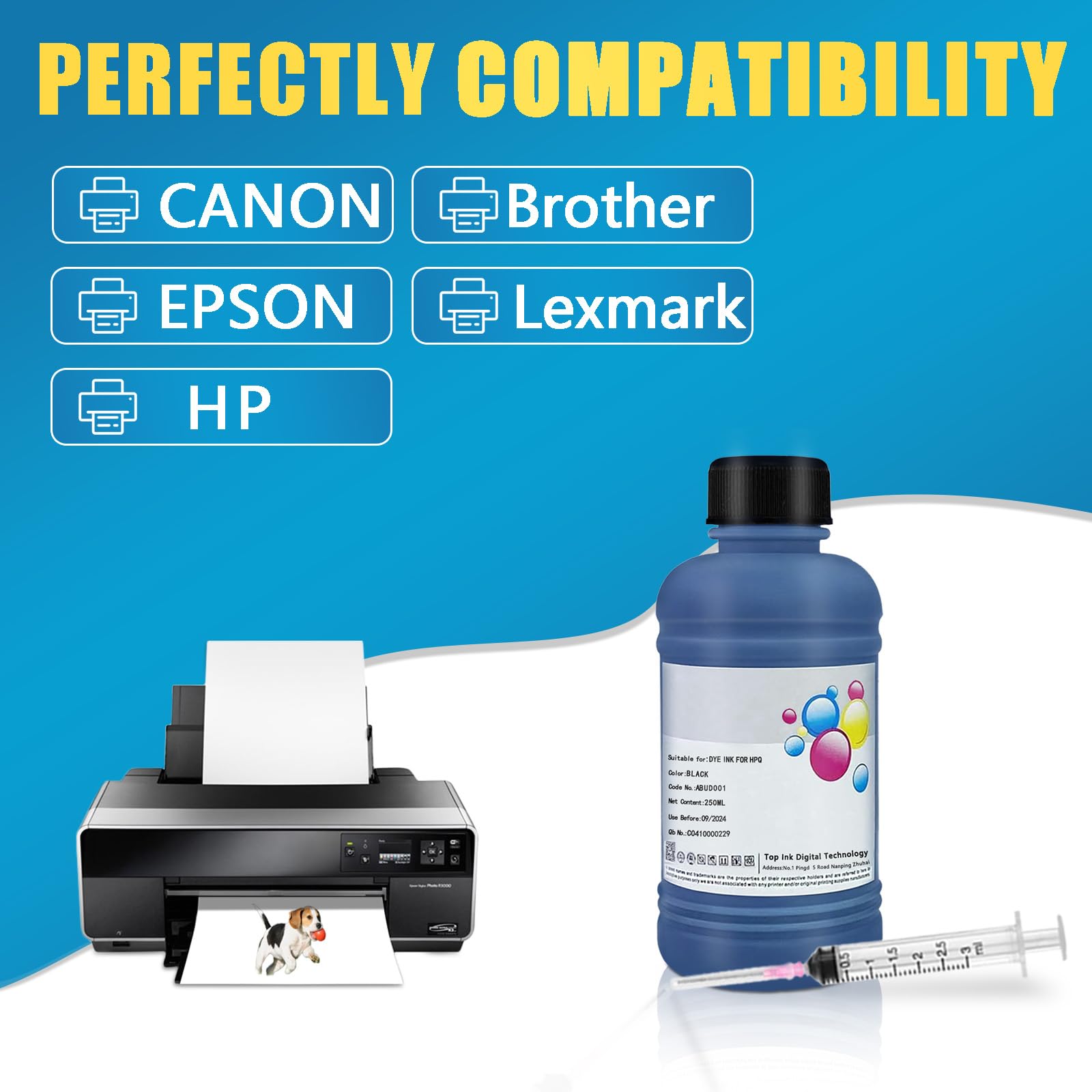 Universal Ink Refill Kit for Canon HP Epson Brother Inkjet Printers - 250ml Black Printer Ink Bottle | Perfect for Home Office Printing, School Projects & Small Business Use