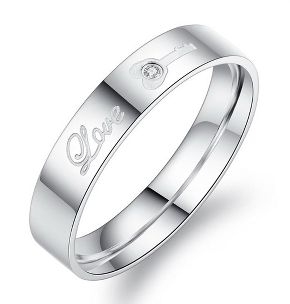Unique White Titanium Stainless Steel Couple Rings with Love Lock & Key Design, Crystal Inlay Engagement Wedding Bands for Him & Her - Perfect for Anniversaries, Valentine's Day Gifts and Romantic Proposals