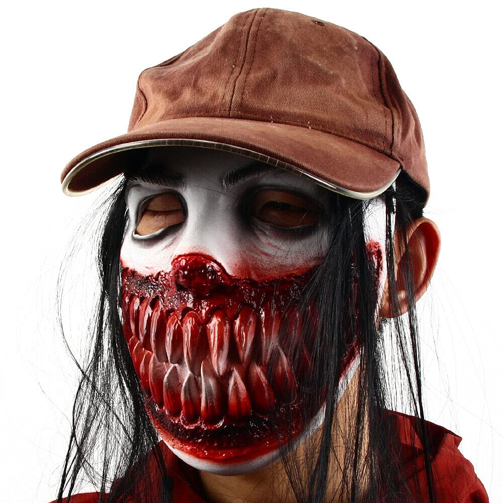Scary Teeth Halloween Mask with Hair - Realistic Bloody Face Mask for Adults, Horror Costume Accessory for Halloween Parties & Haunted Houses