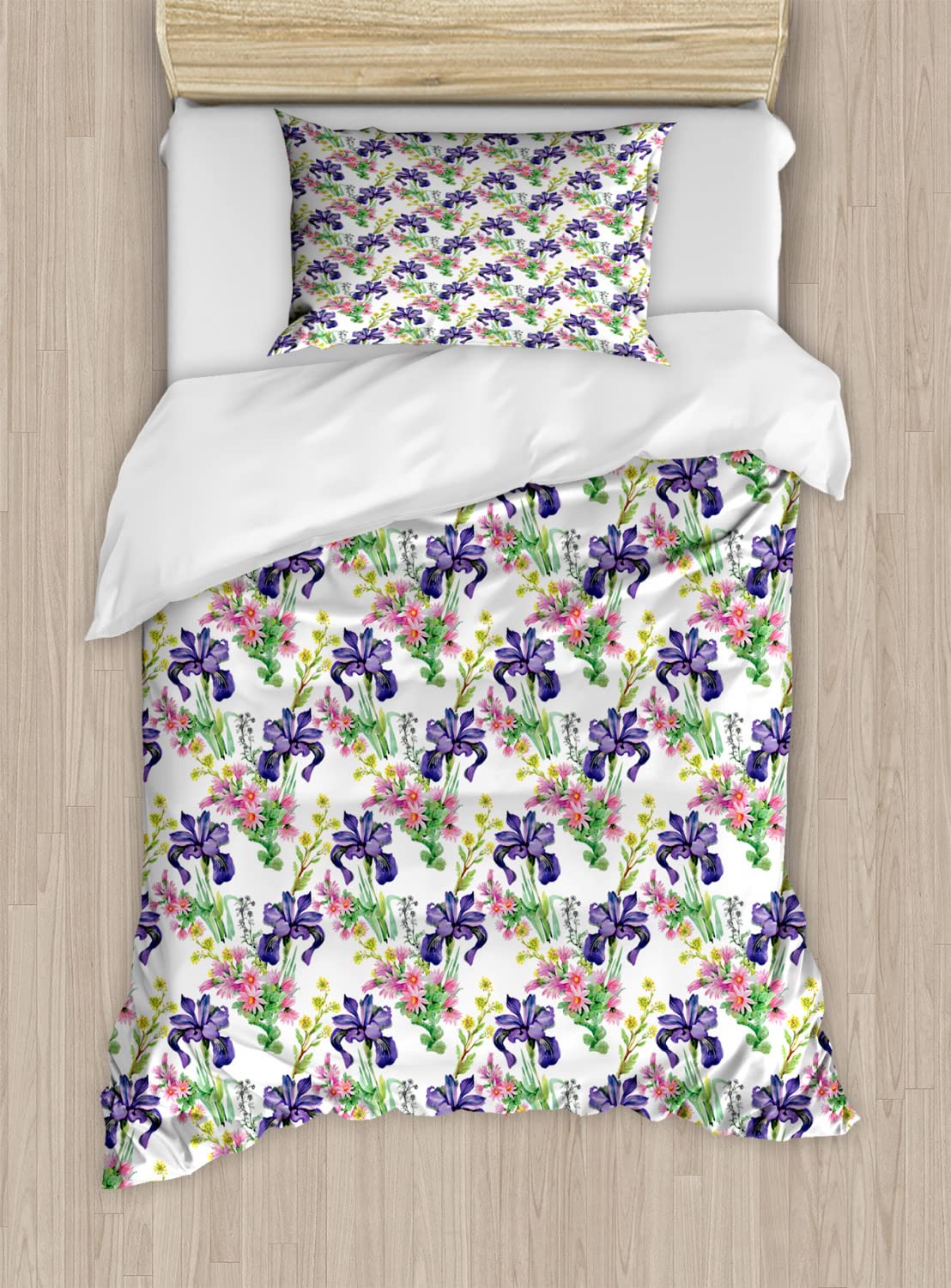 Ambesonne Floral Duvet Cover Set - King Size 2-Pack with 4 Pillowcases | Watercolor Summer Garden Design Featuring Purple Orchids & Pink Chrysanthemums | Soft Bedding for Master Bedroom, Guest Room & Vacation Homes | Multicolor Luxury Home Decor