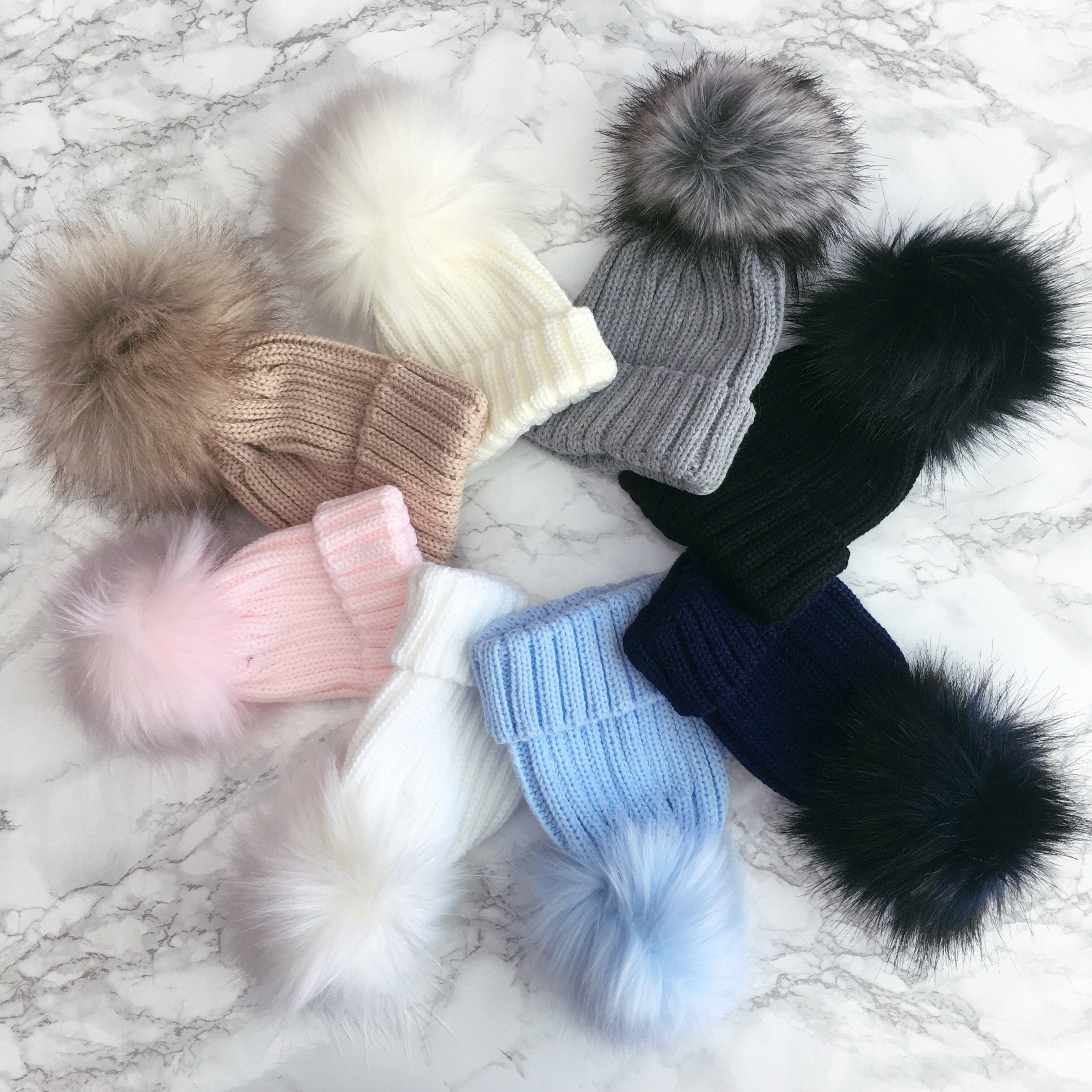 Cozy Knitted Faux Fur Pom Pom Winter Hat for Women - Soft Warm Beanie with Fluffy Ball - Perfect for Cold Weather, Snow Days & Outdoor Activities