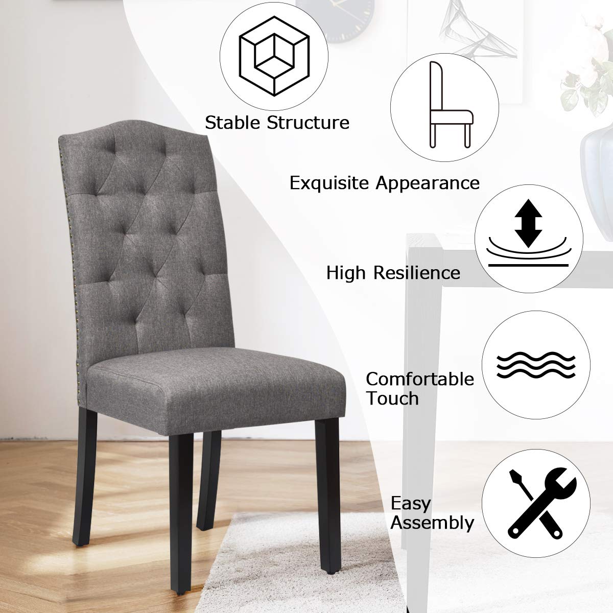 Giantex Set of 2 Tufted Fabric Dining Chairs with Nailed Head - Modern Upholstered Parsons Chairs with Padded Seat & Tall Backrest - Perfect for Kitchen, Dining Room, Restaurant or Home Decor
