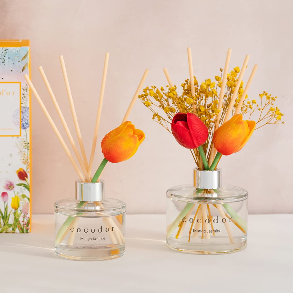 COCODOR Tulip Reed Diffuser 200ml - Floral Scented Home Fragrance Oil Diffuser with Natural Rattan Reeds, Long-Lasting Aromatherapy for Living Room, Bedroom, Bathroom & Office - Perfect Gift for Women