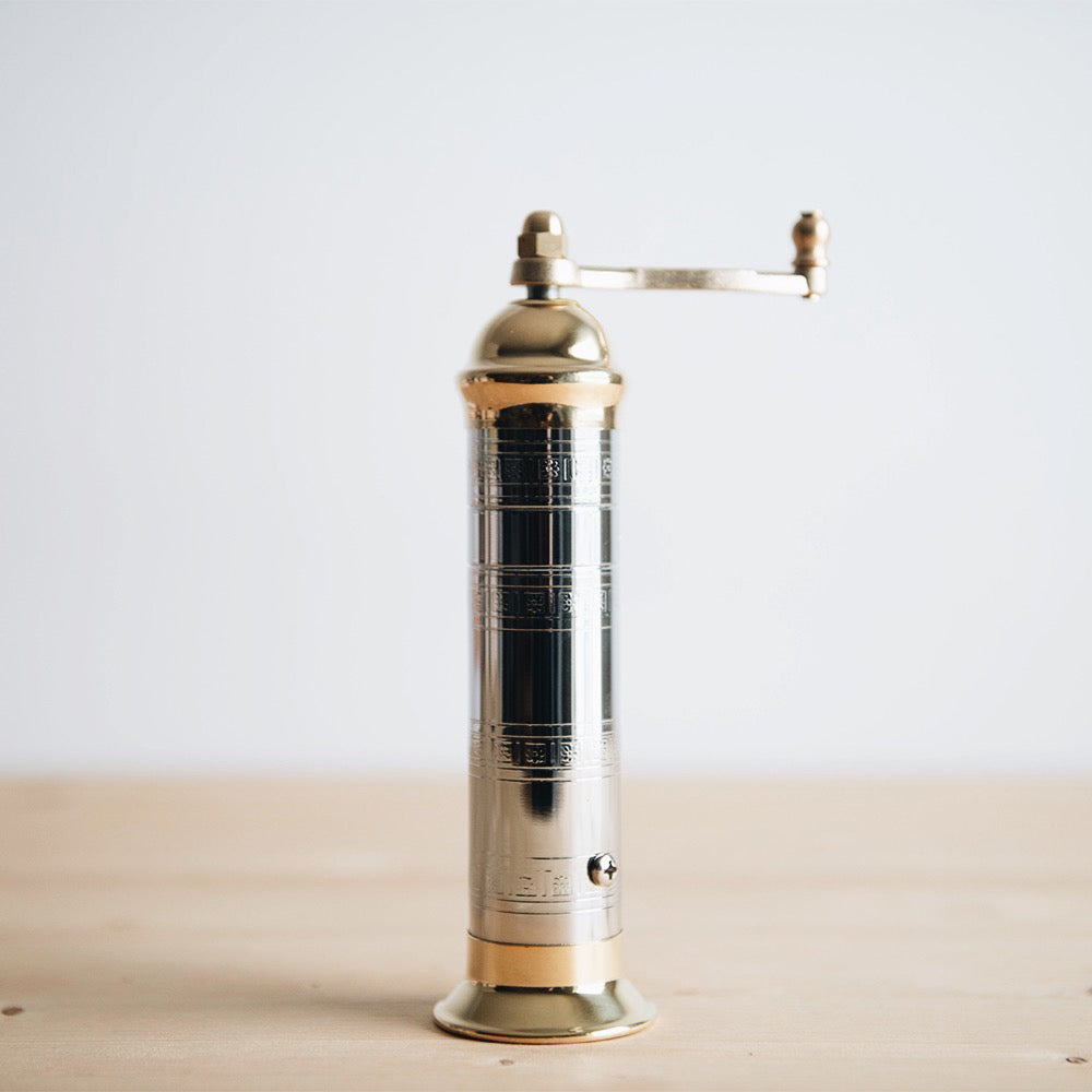 Premium Chrome & Brass Pepper Grinder - Adjustable Coarseness, Refillable Spice Mill for Freshly Ground Pepper - Perfect for Kitchen, Dining Table & Gourmet Cooking