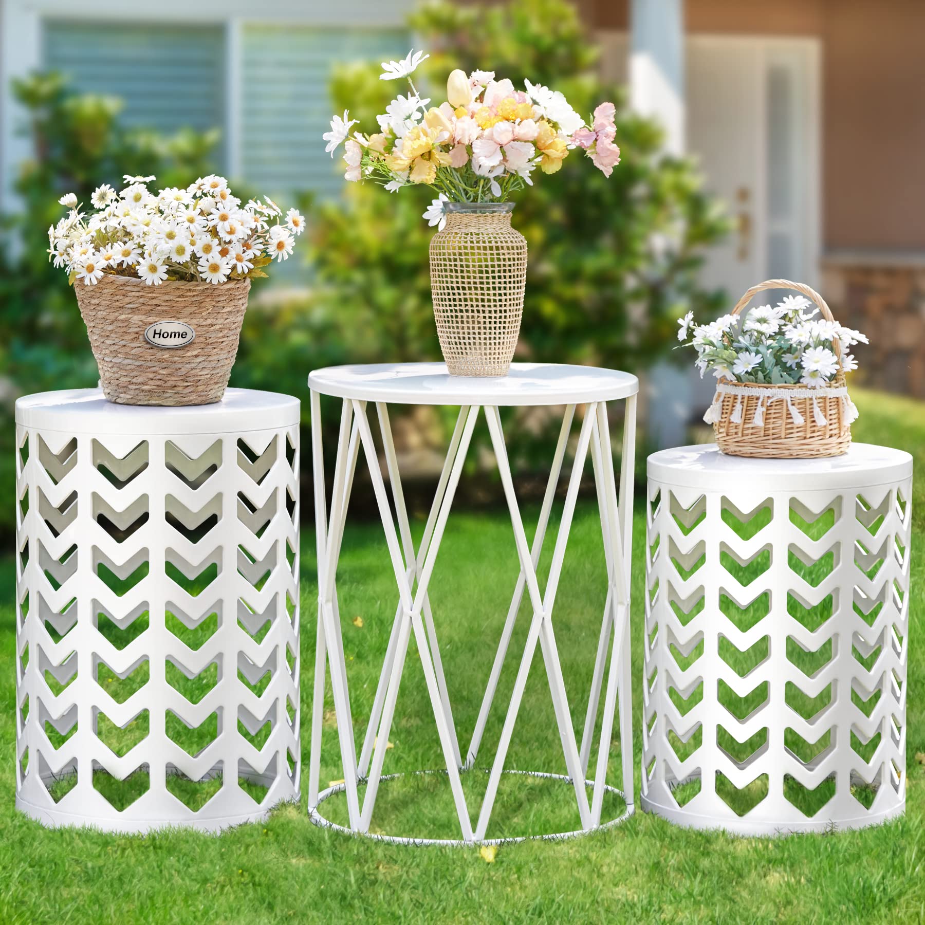 HFHOME Set of 3 Metal Side Tables - Round Nesting Coffee Tables & Nightstands for Living Room, Bedroom, Patio - Heavy Duty Indoor/Outdoor Metal Plant Stand & Garden Stool - Pure White (US Shipping) | Perfect for Small Spaces, Coffee Corner & Outdoor Seating