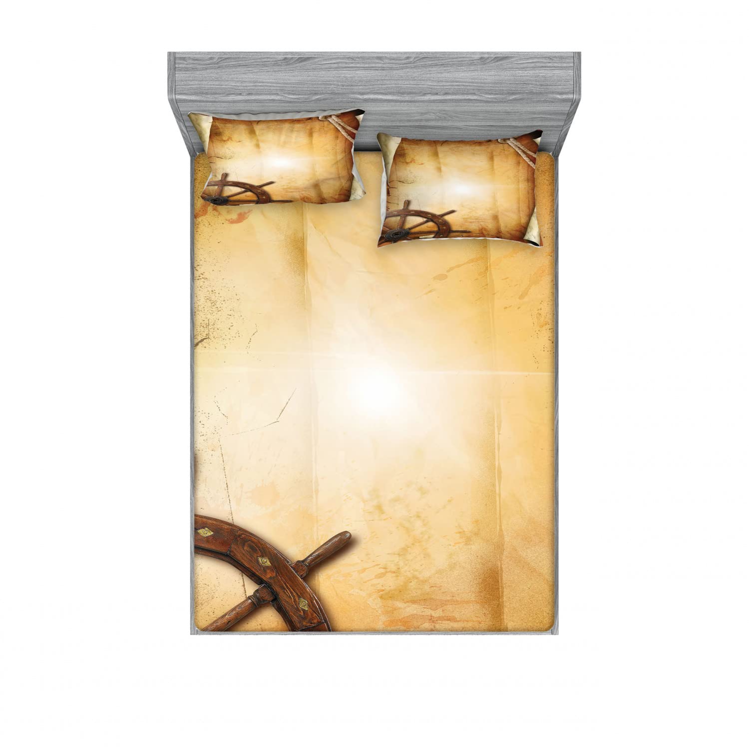 Vintage 2-Piece Queen Size Fitted Sheet Set with 4 Pillow Shams - Old Paper Effect Wheel Design Brown Bedding Decor for Master Bedroom, Guest Room & Airbnb