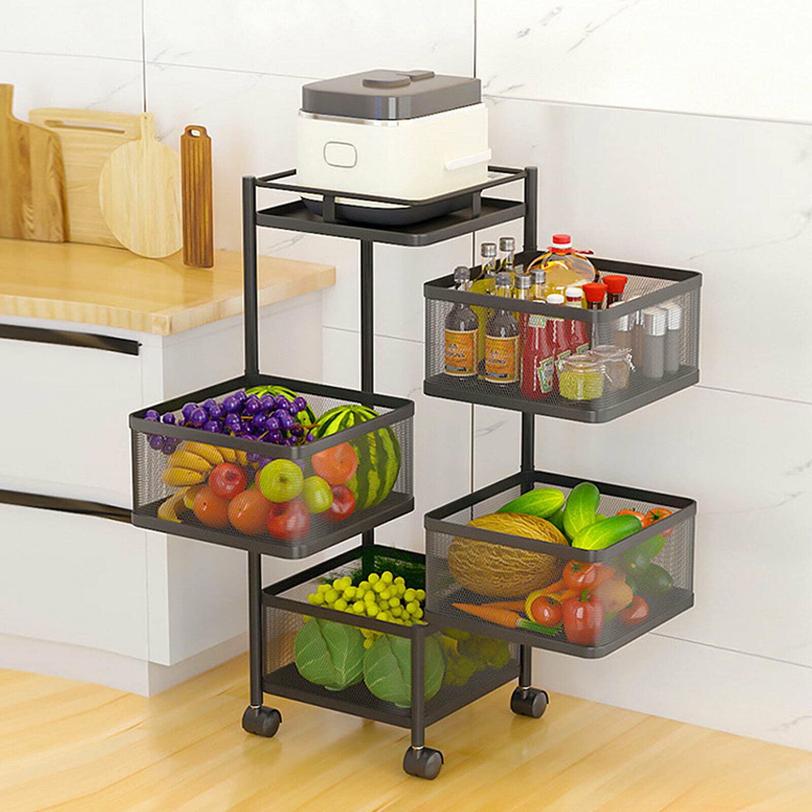 TFCFL DENESTUS 4-Tier Square Kitchen Shelf - Rotating Storage Rack for Vegetables, Spices & Pantry Items - Space-Saving Floor Standing Organizer for Kitchen, Living Room & Bathroom - Durable Multi-Layer Household Storage Solution for Small Spaces