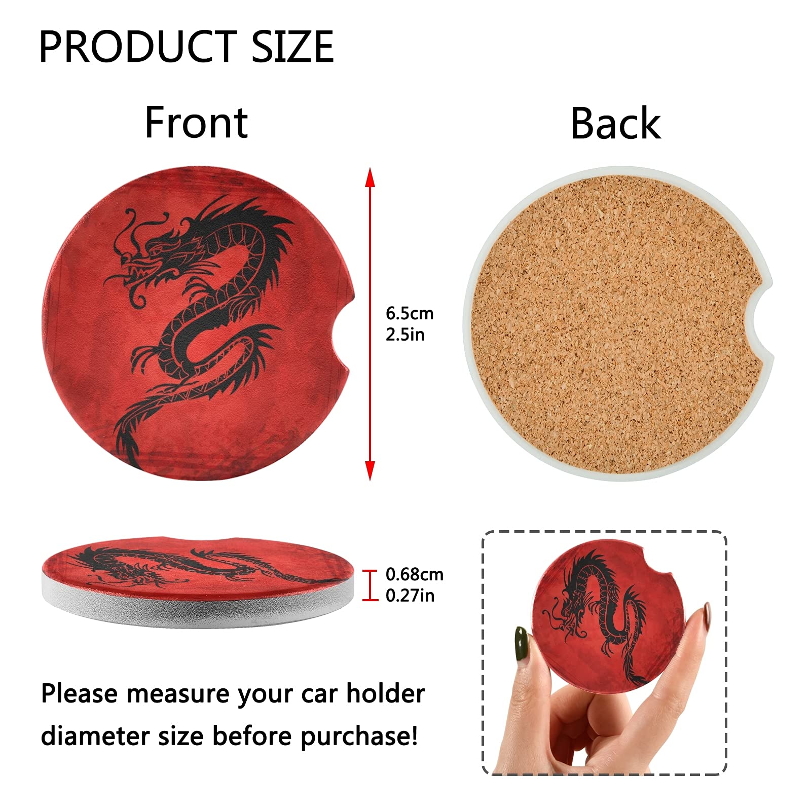 2 Pack Absorbent Ceramic Car Coasters with Fingertip Grip, 2.5 Inch China Dragon Design Cup Holders for Drinks, Perfect for Car, Office, and Home Use