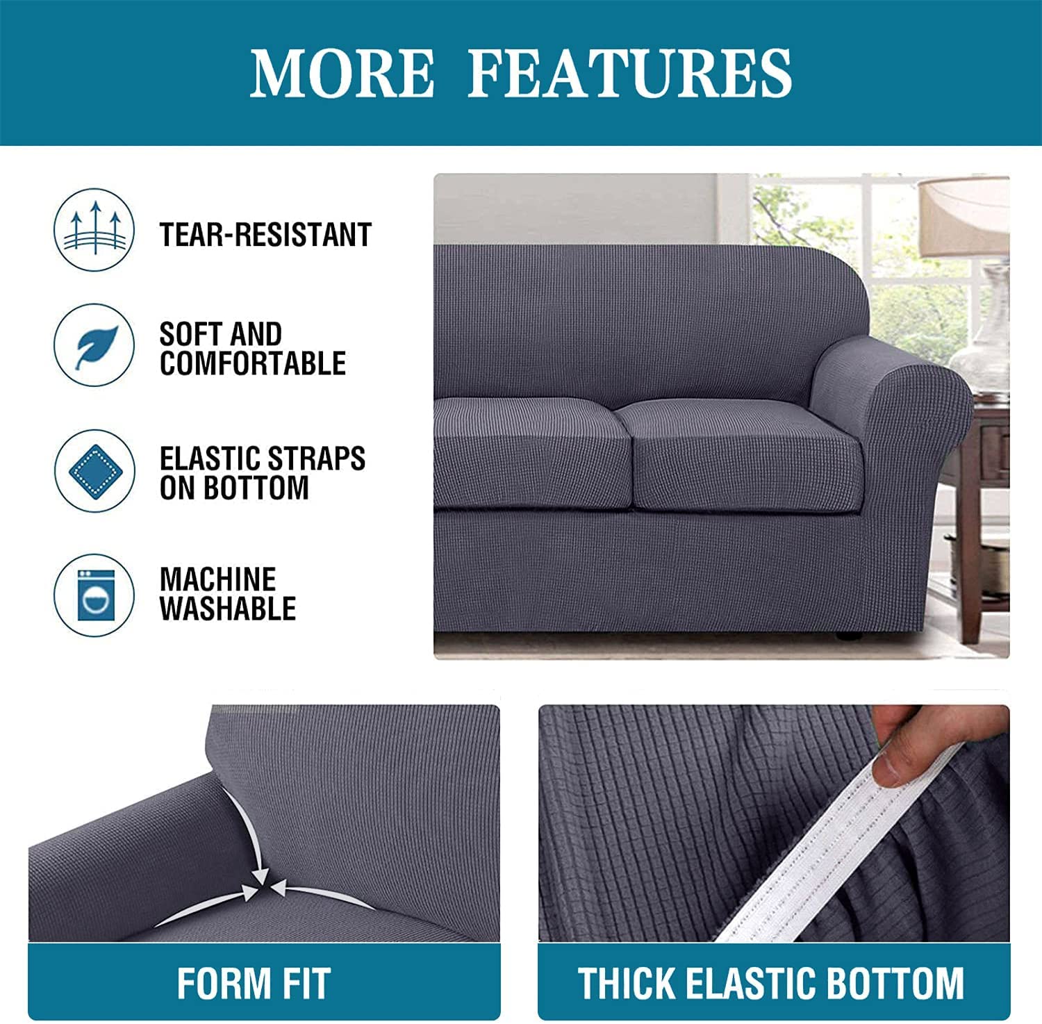 Soft Polar Fleece Stretch Sofa Slipcover with Elastic Band & Separate Seat Cushion Covers - Anti-Slip Living Room Couch Cover (Dark Grey, Large Sofa +4 Cushions) - Perfect for Home Decor, Pet Protection & Furniture Refresh