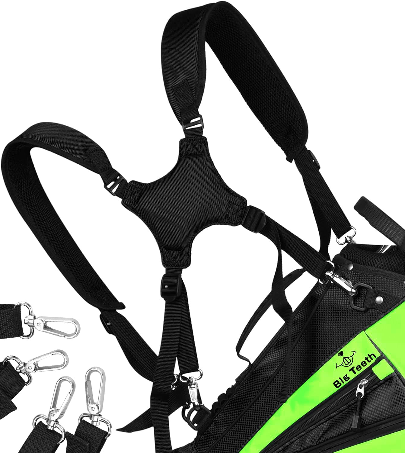 Premium Adjustable Padded Golf Bag Strap - Double Shoulder Support with 4 Rotating Hooks - Replacement Strap for Comfortable Golfing - Perfect for Golfers, Caddies & Driving Range Practice