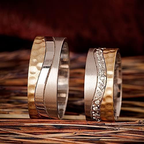 14K Gold Plated Hammered Wedding Ring Set - Matching Couple Bands for Men & Women, Personalized Silver Wedding Rings - Perfect for Anniversaries, Engagements & Vow Renewals