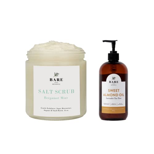 Bare Botanics Lavender Tea Tree Sweet Almond Body Oil & Bergamot Mint Body Scrub Set - Hydrating & Exfoliating Skincare Duo for Dry Skin, Spa Day & Self Care Routine