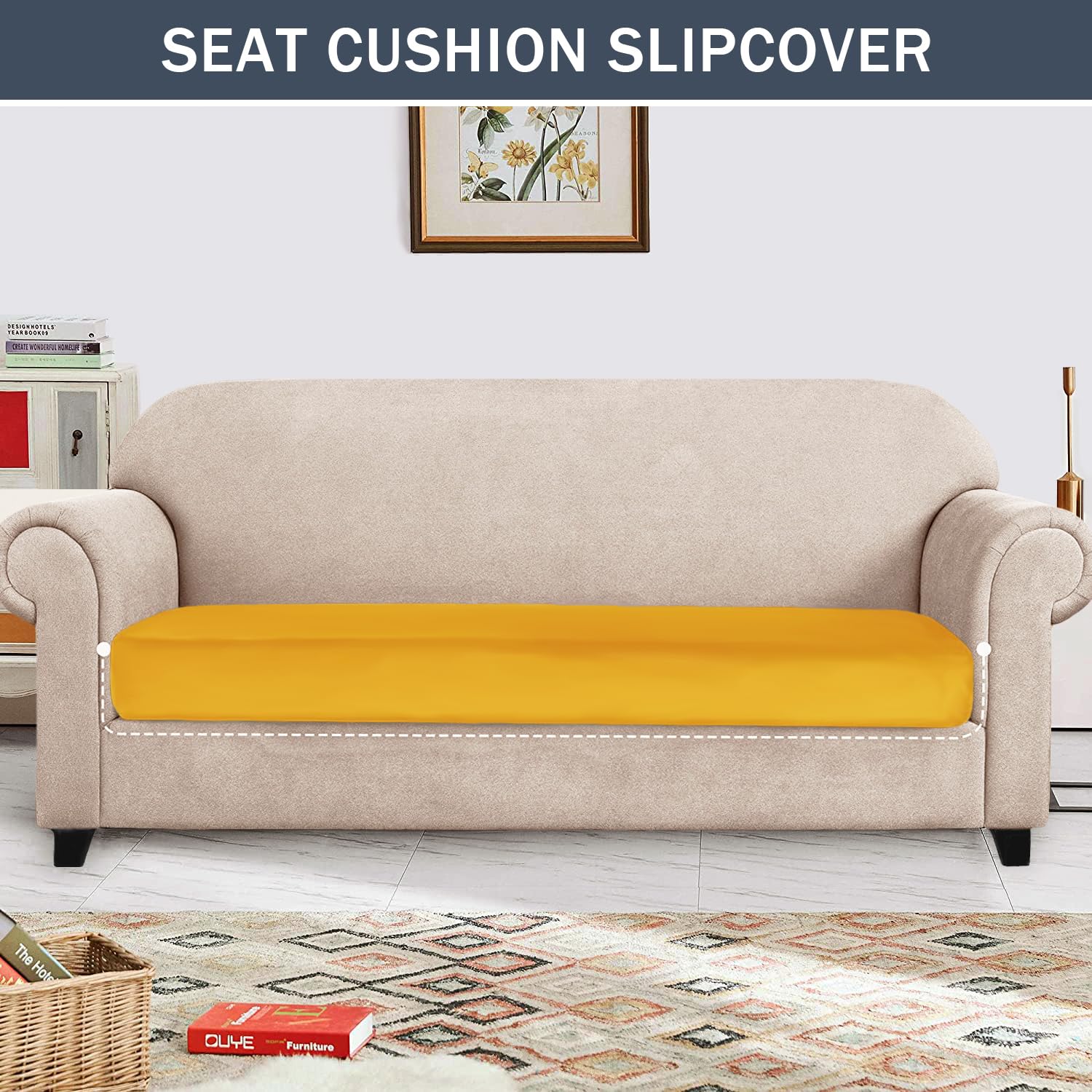 Soft Velvet Plush Stretch Cushion Cover with Elastic Bottom - Loveseat & Sofa Protector (Medium, Gold) | Perfect for Living Room Furniture, Home Decor & Pet-Friendly Couch Protection