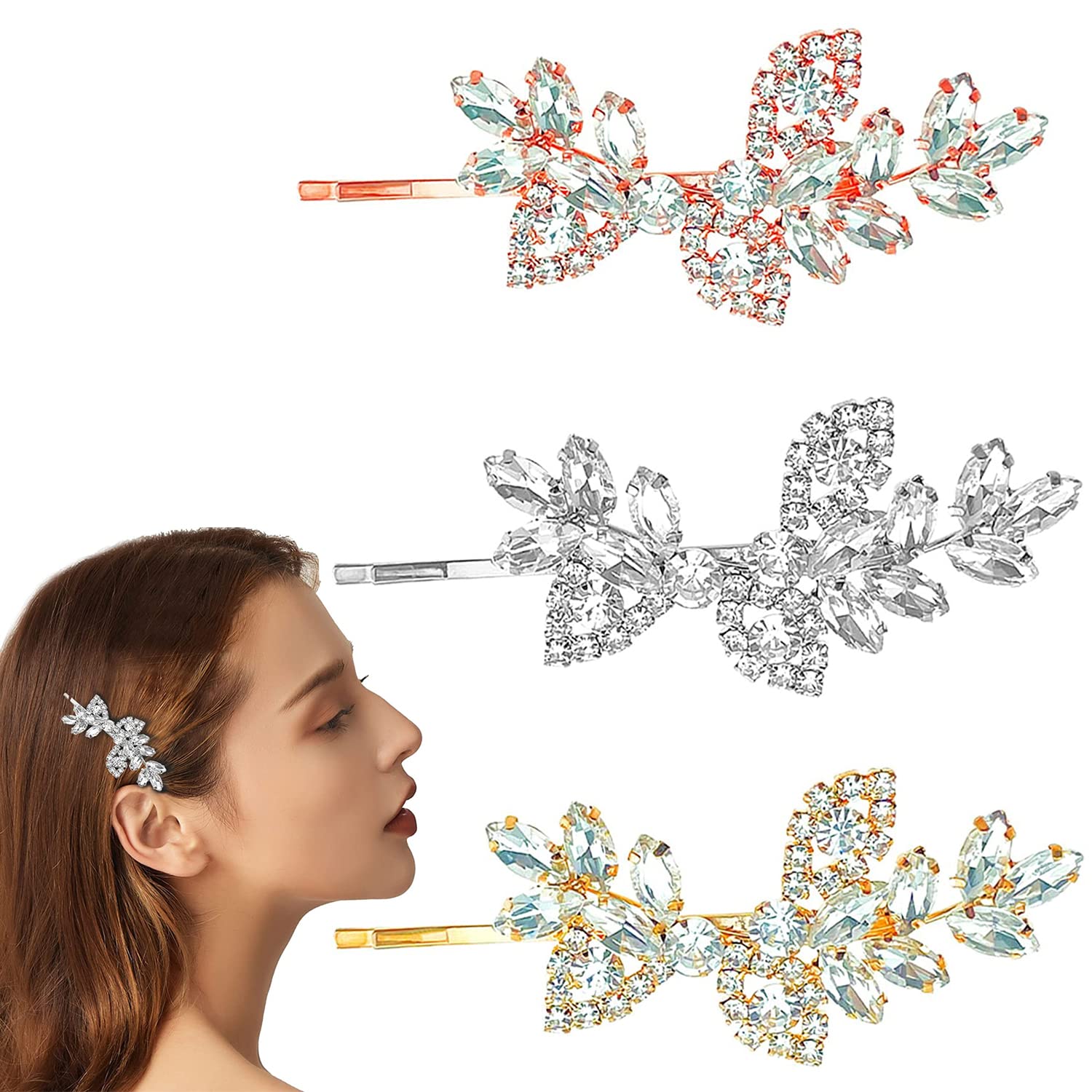 3 PCS Rhinestone Hair Clips for Women - Elegant Bridal & Wedding Hair Accessories with Flower Leaf Pearl Design - Perfect for Weddings, Parties, Prom and Special Occasions