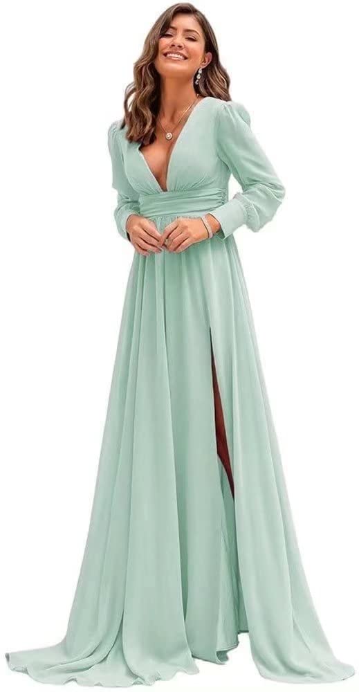 Elegant Fangheia Women's V-Neck Long Sleeve Chiffon Bridesmaid Dress with Slit - A-Line Pleated Formal Evening Gown for Weddings, Proms & Special Occasions