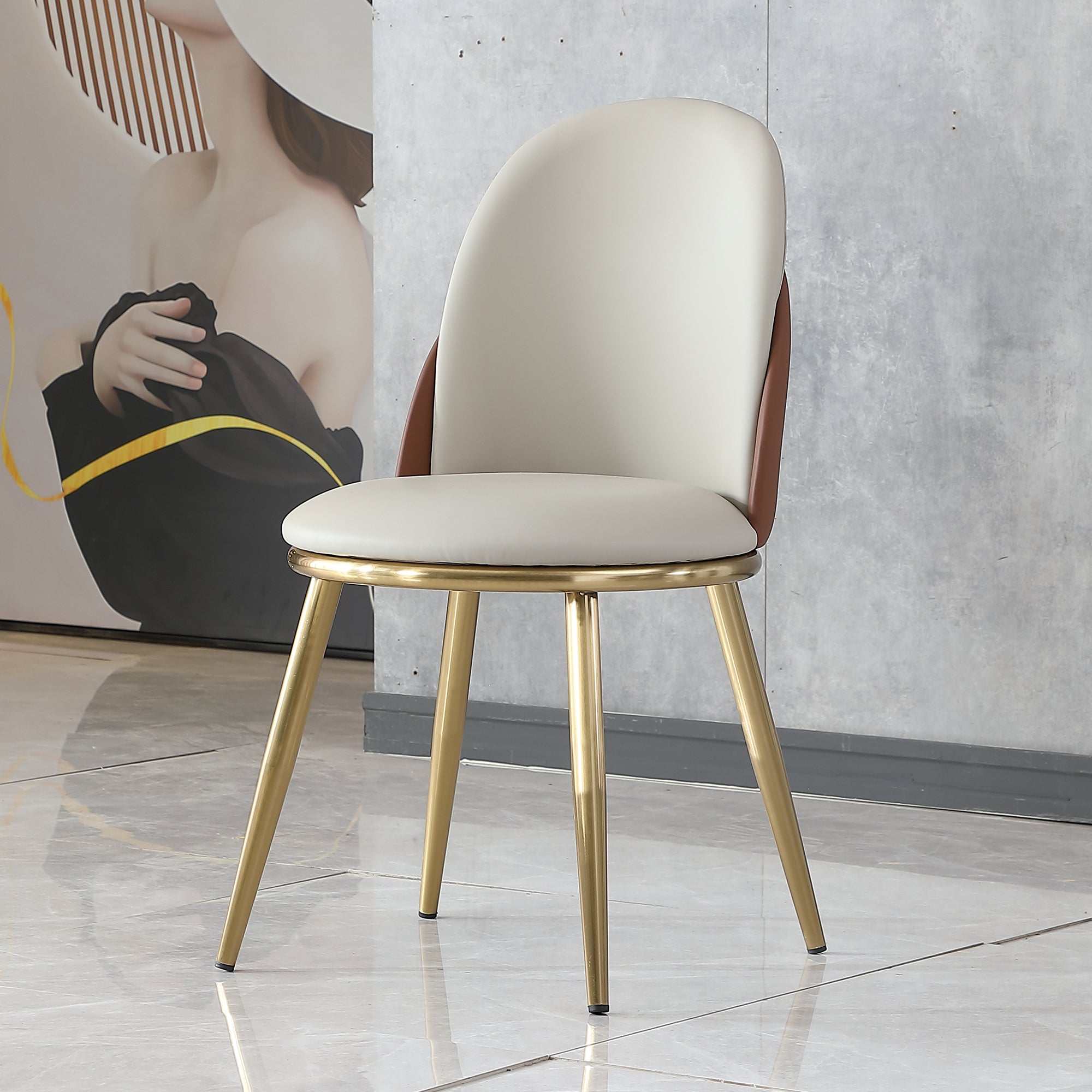 Modern PU Leather Dining Chairs Set of 2 with Gold Metal Legs - Beige Kitchen & Dining Room Furniture for Home, Restaurant, and Office Use
