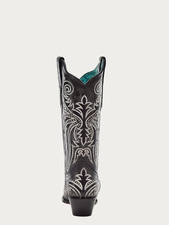 Z5209 Women's White Embroidered Cowboy Boots with Black Overlay & Studs - Stylish Western Boots for Country Dancing, Rodeo & Casual Wear