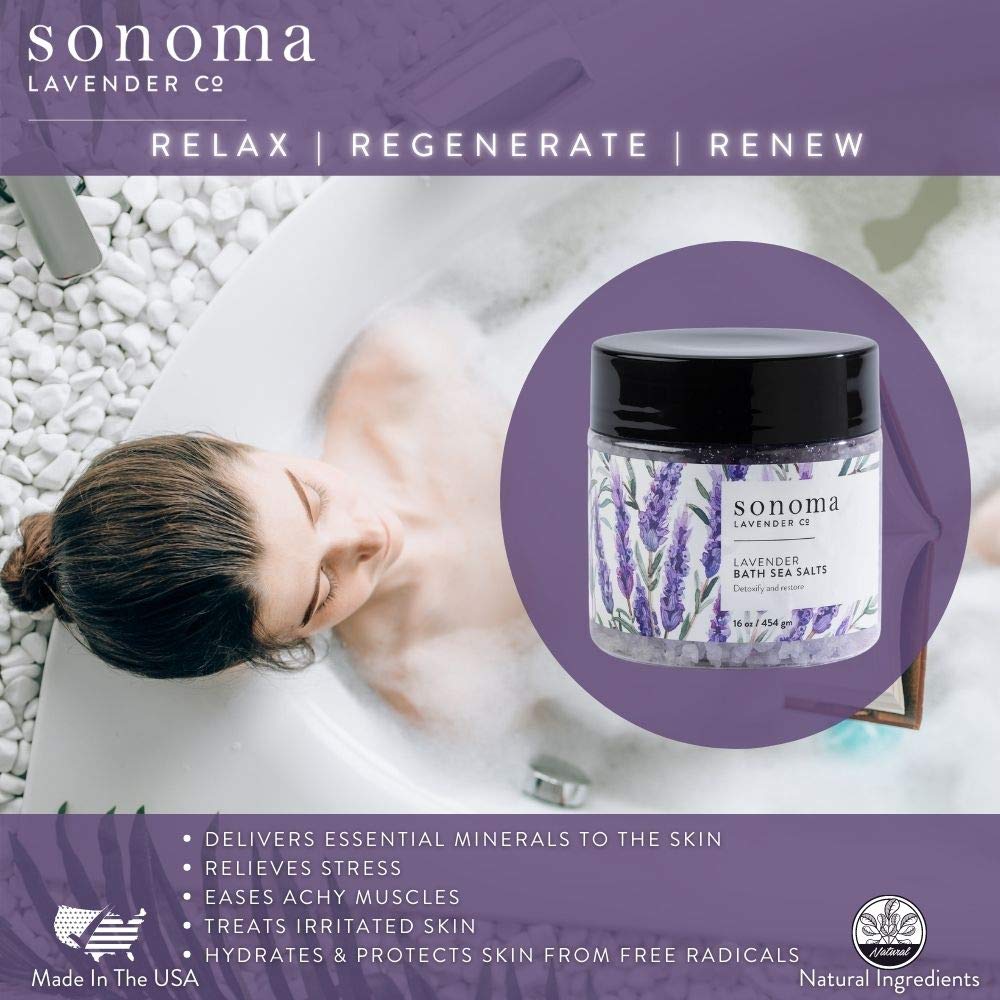 Organic Lavender Bath Salt with Epsom Salt & Essential Oils - Relaxing Stress Relief & Skin Hydration - 16oz Spa Treatment for Self Care, Aromatherapy & Better Sleep