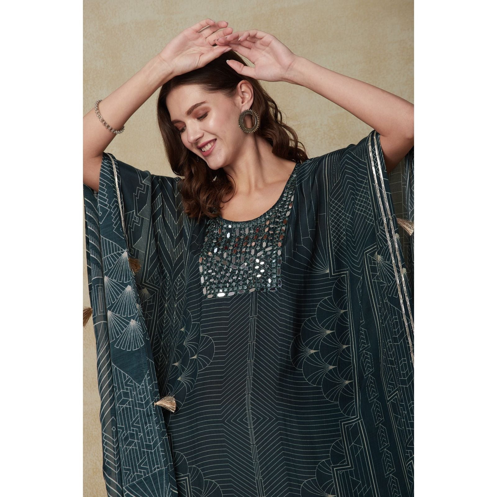 Elegant Dark Green Kaftan Dress with Yolk Embroidery - Boho Chic Loose Maxi Dress for Beach, Vacation & Summer Outfits