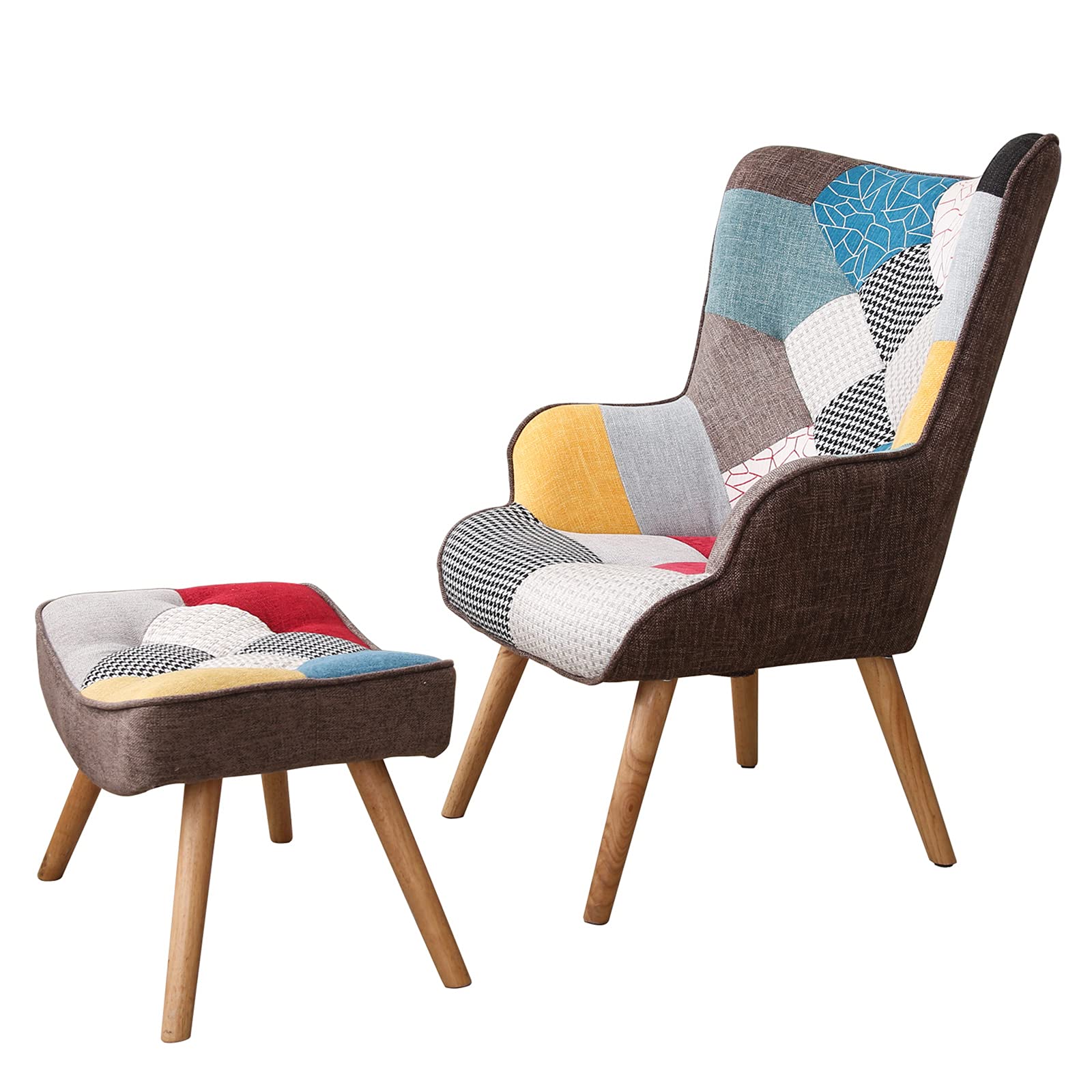 Modern Patchwork Accent Chair with Ottoman - Solid Wood Legs & Linen Fabric - Colorful Reading Armchair for Bedroom, Living Room - Perfect for Relaxing, Napping & Home Decor