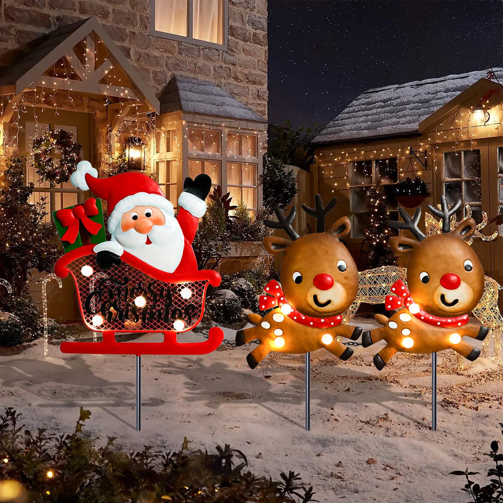 LED Santa Claus & Reindeers Sleigh Christmas Yard Stakes - Outdoor Lighted Metal Decorations for Garden, Lawn & Pathway | Perfect for Holiday Festivities, Front Yard Displays & Seasonal Celebrations