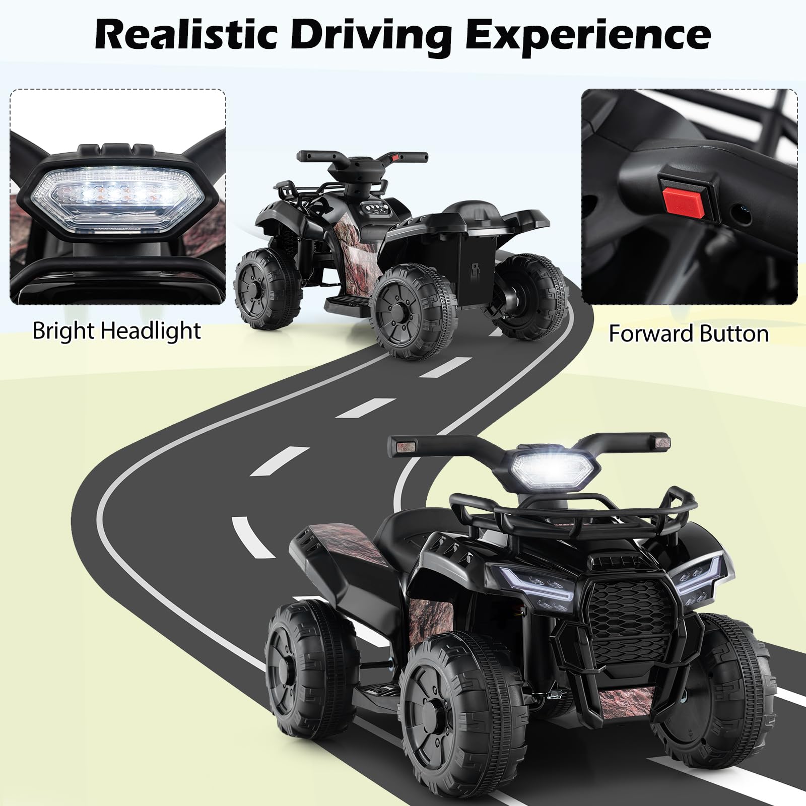 Costzon 6V Kids ATV Electric Ride-On Toy with Storage Basket, Headlight, Horn, Music, MP3 & USB - Battery Powered Four Wheeler Quad for Toddlers 18-36 Months (Black+Camo) - Perfect for Outdoor Play, Backyard Adventures & Birthday Gifts for Boys & Girls