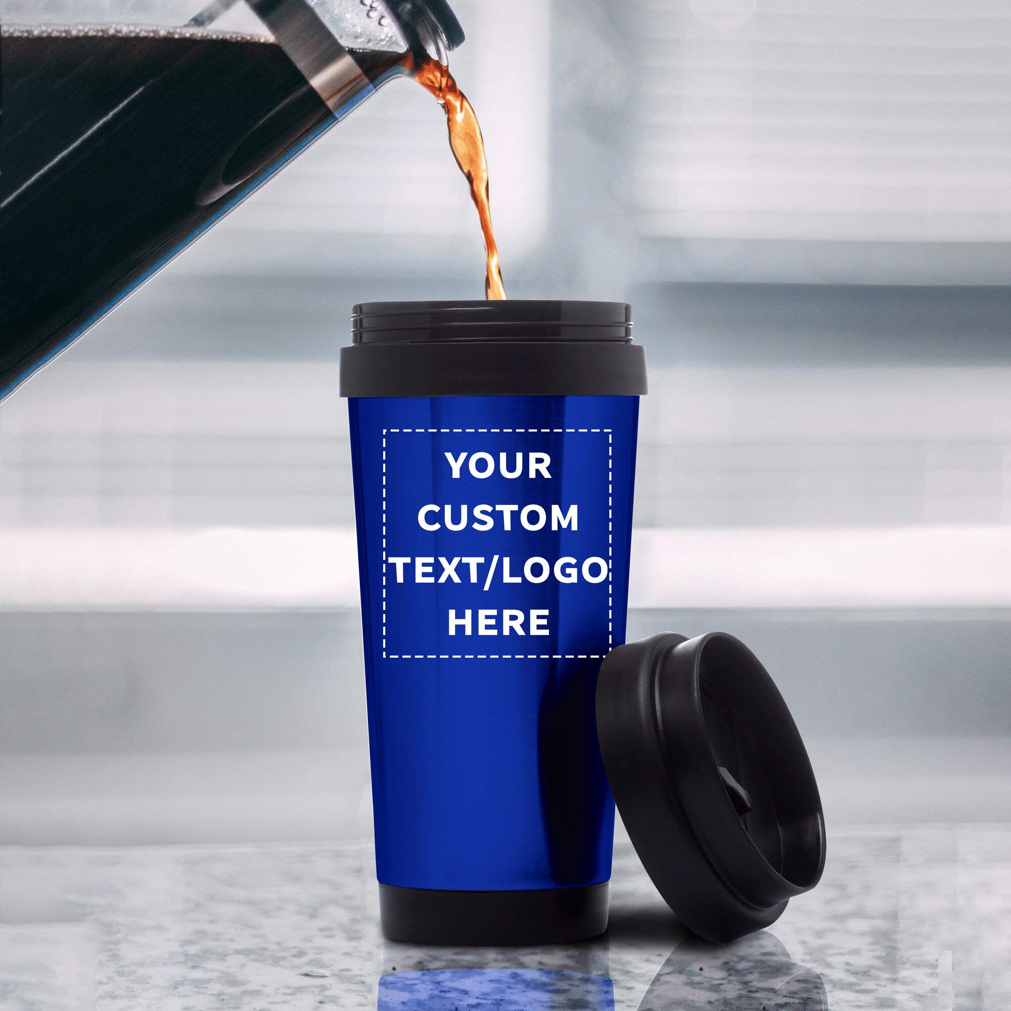Custom Insulated Stainless Steel Travel Mugs 16 oz (100-Pack) - Personalized Bulk Coffee Cups for Hot & Cold Beverages - Ideal for Office, Events, Promotions & Daily Use - Blue