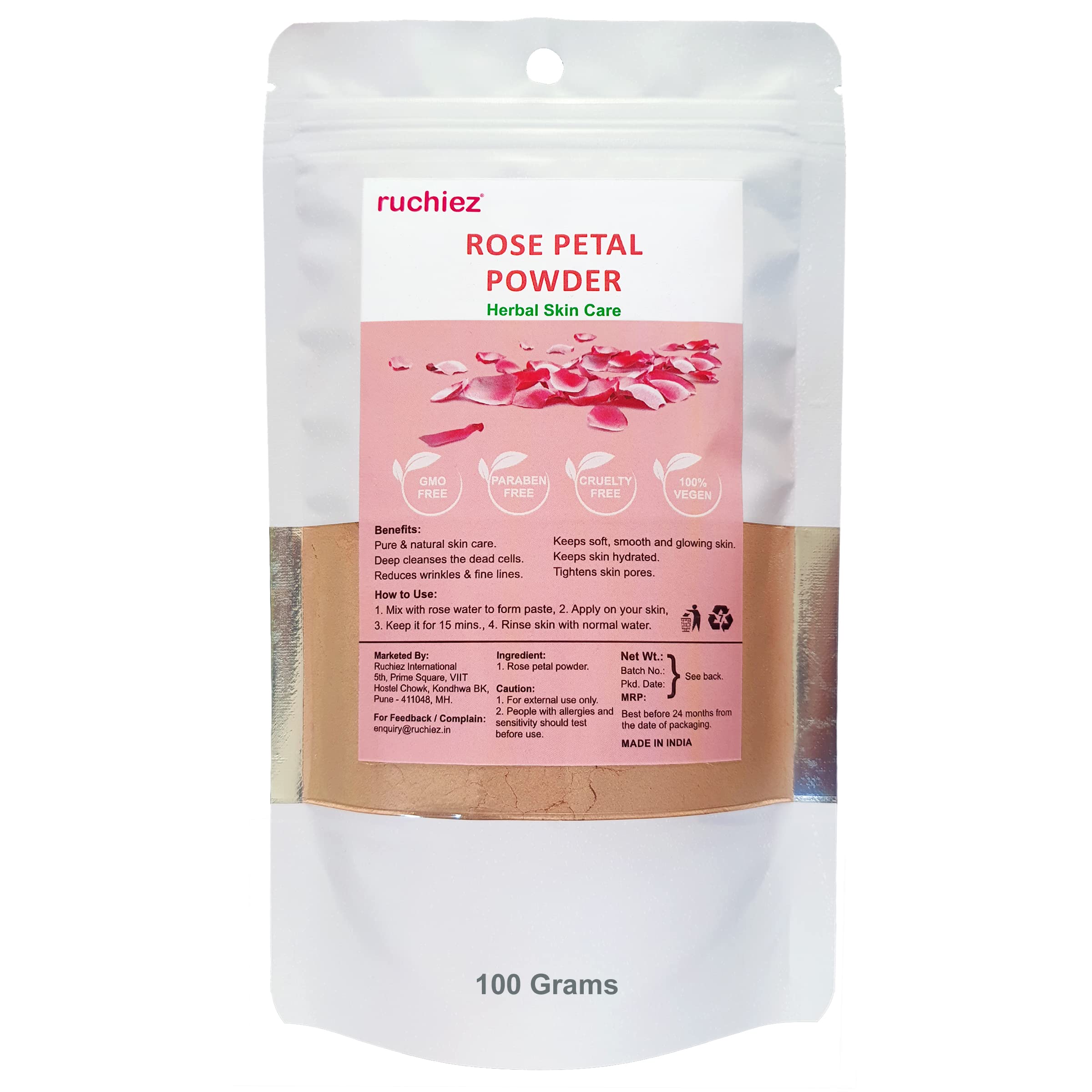 Organic Rose Petal Face Pack Powder for Glowing Skin - 100g | Natural Facial Treatment for Hydration & Brightening | Perfect for Spa Day & Self-Care Routine
